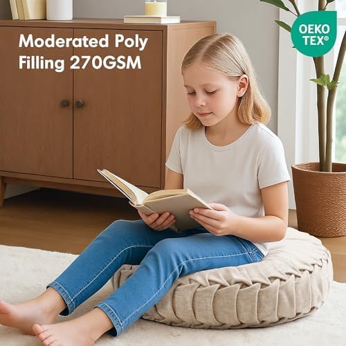 Intelligent Design Loretta Round Chenille Tufted Floor Pillow with Elegant Pleated Design, Large Boho & Vintage Decorative Throw Pillow for Sofa, Bed, or Chair, 22" x 6", Iovry