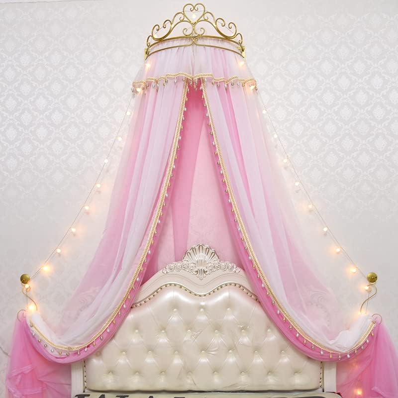 Girl Bed Curtain Princess Crown Mosquito Netting Children Room Decor Bedside Yarn Net Romantic Princess Tents Bed Canopy Valance (Light Pink)