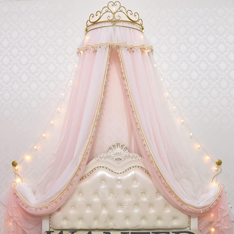 Girl Bed Curtain Princess Crown Mosquito Netting Children Room Decor Bedside Yarn Net Romantic Princess Tents Bed Canopy Valance (Light Pink)
