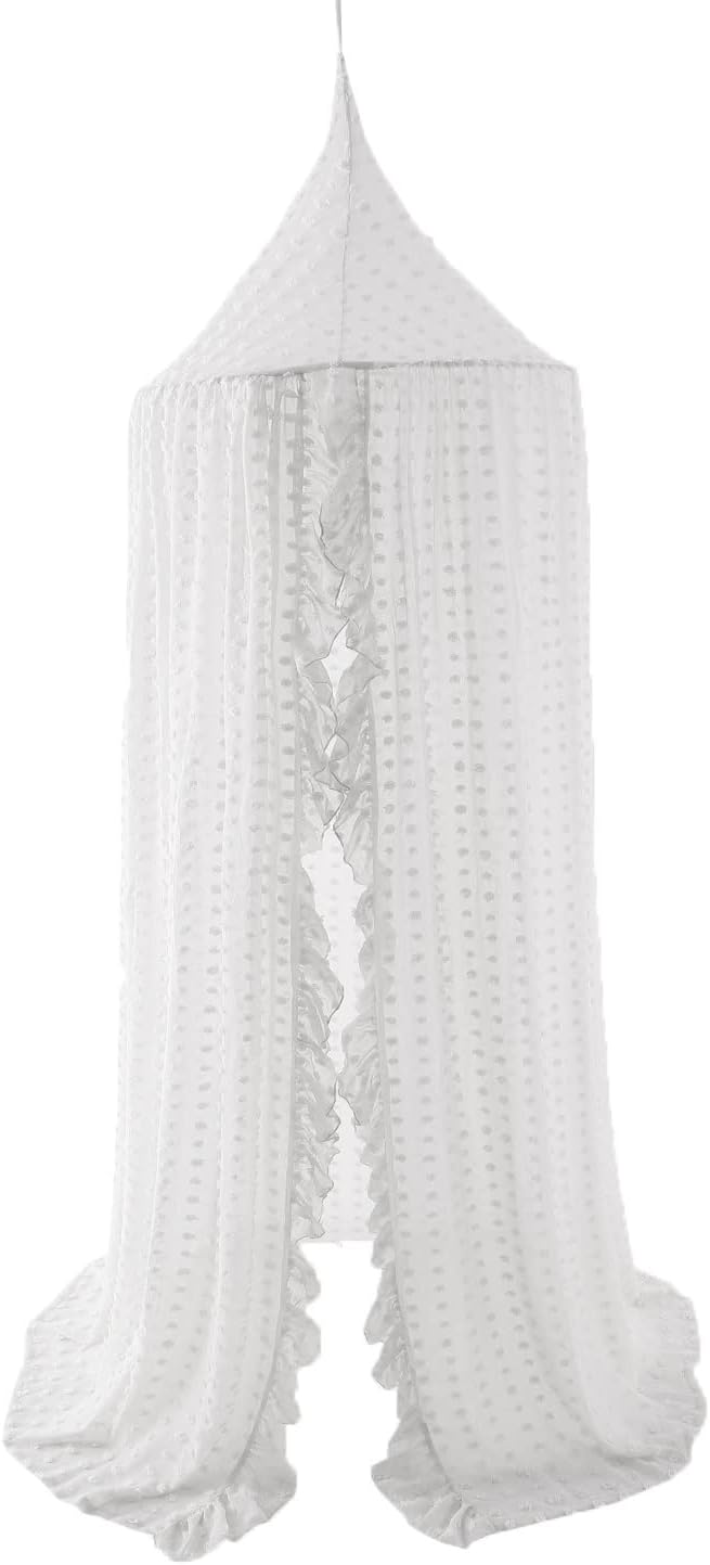 Wonder Space Elegant Kids Bed Canopy - Lace Chiffon Netting with Pom Pom, Princess Girls Fairy Dream Tent, Nursery Room Baby Crib Hanging Curtain Mosquito Net Children Reading Nook Decoration (Beige)