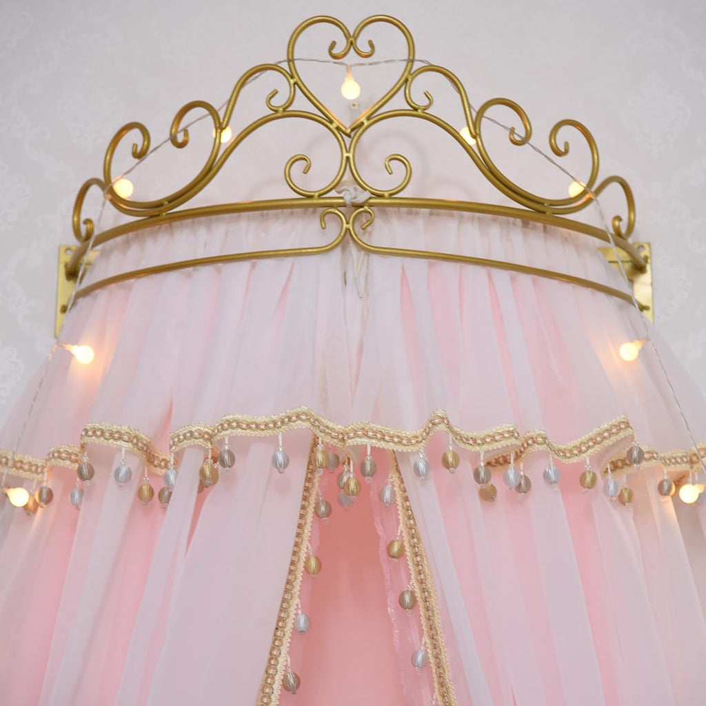 Girl Bed Curtain Princess Crown Mosquito Netting Children Room Decor Bedside Yarn Net Romantic Princess Tents Bed Canopy Valance (Light Pink)