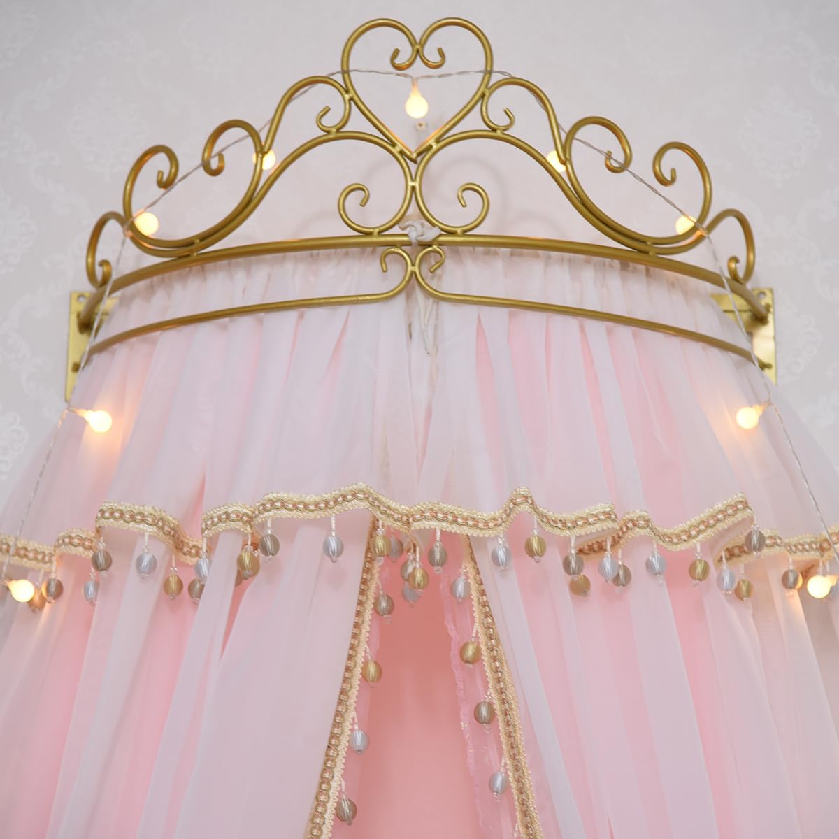 Girl Bed Curtain Princess Crown Mosquito Netting Children Room Decor Bedside Yarn Net Romantic Princess Tents Bed Canopy Valance (Light Pink)