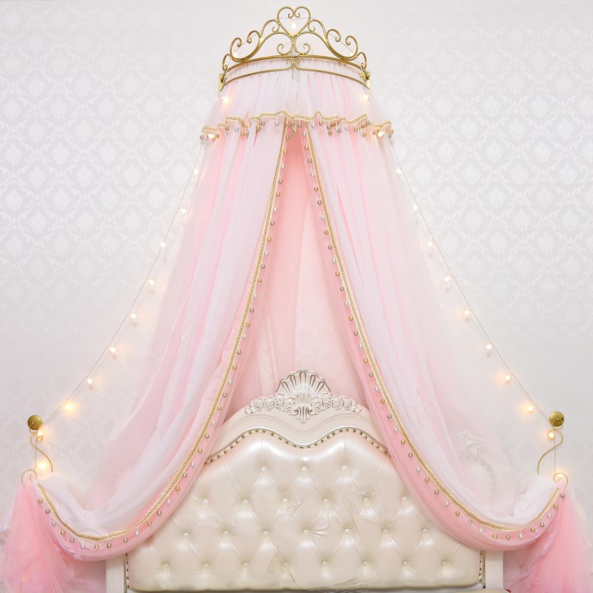 Girl Bed Curtain Princess Crown Mosquito Netting Children Room Decor Bedside Yarn Net Romantic Princess Tents Bed Canopy Valance (Light Pink)