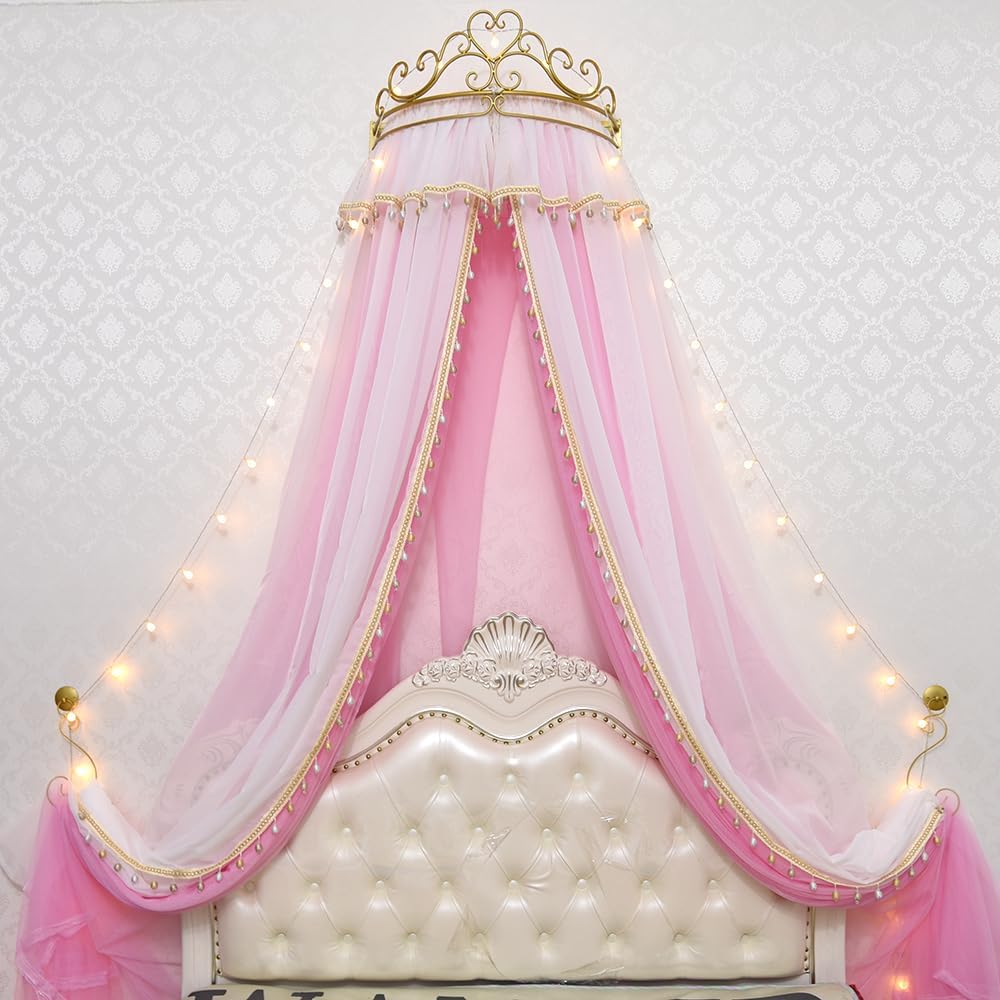 Girl Bed Curtain Princess Crown Mosquito Netting Children Room Decor Bedside Yarn Net Romantic Princess Tents Bed Canopy Valance (Light Pink)