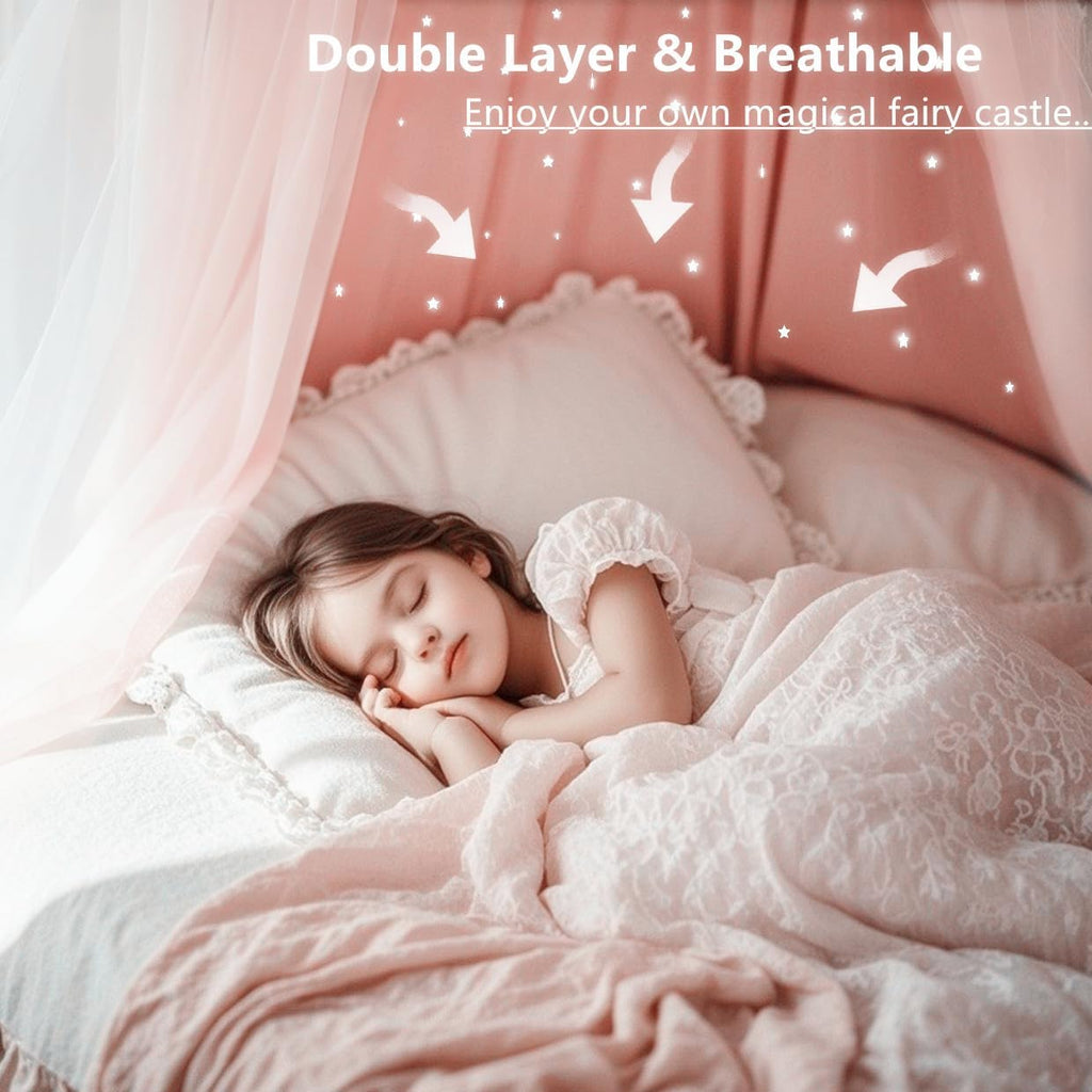 Eimilaly Princess Bed Canopy for Girls, Double Layer Canopy with Cutout Stars, Breathable Dream Canopy & Washable Pink Fabric, Fits Twin/Full Bed - Fairy Bed Tent for Kids Room Decor, Pink