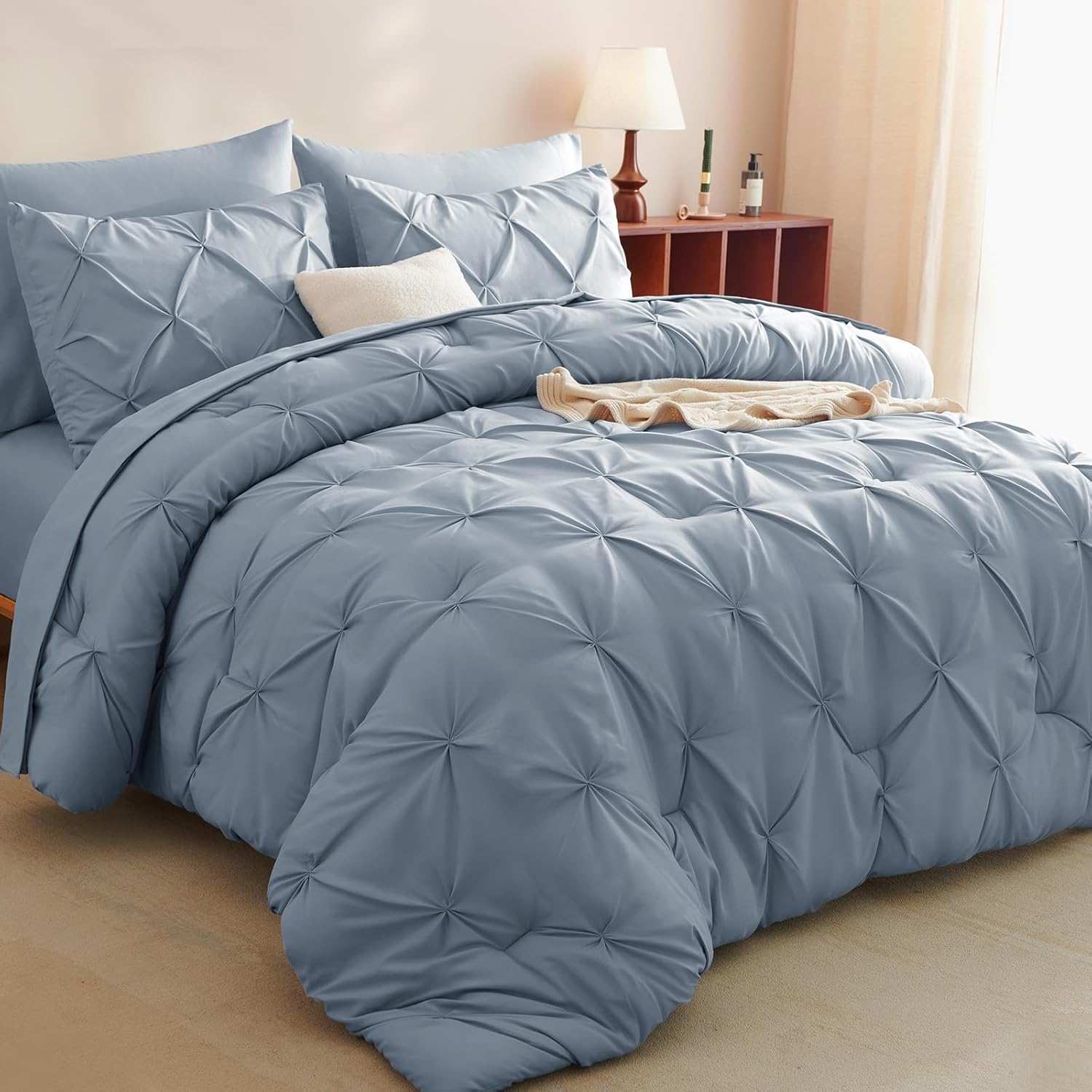 CozyLux Queen Comforter Set Light Grey, 7 Pieces Pintuck Bed in A Bag, Premium Gray Comforter Queen Size, Pinch Pleat Bedding Sets with Comforter, Sheets, Pillowcases & Shams