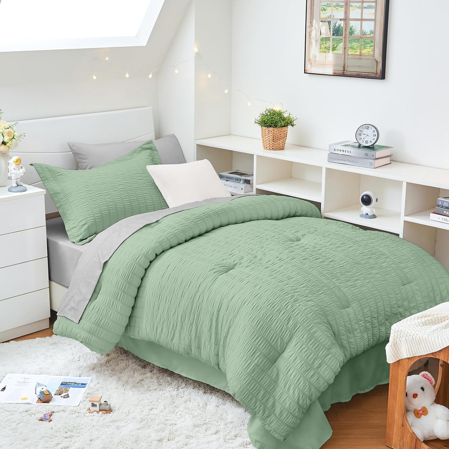 HYMOKEGE Queen Comforter Set Seersucker 7 Pieces, All Season Luxury Bed in a Bag for Bedroom, Bedding Set with Comforters, Sheets, Pillowcases & Shams, Dark Grey