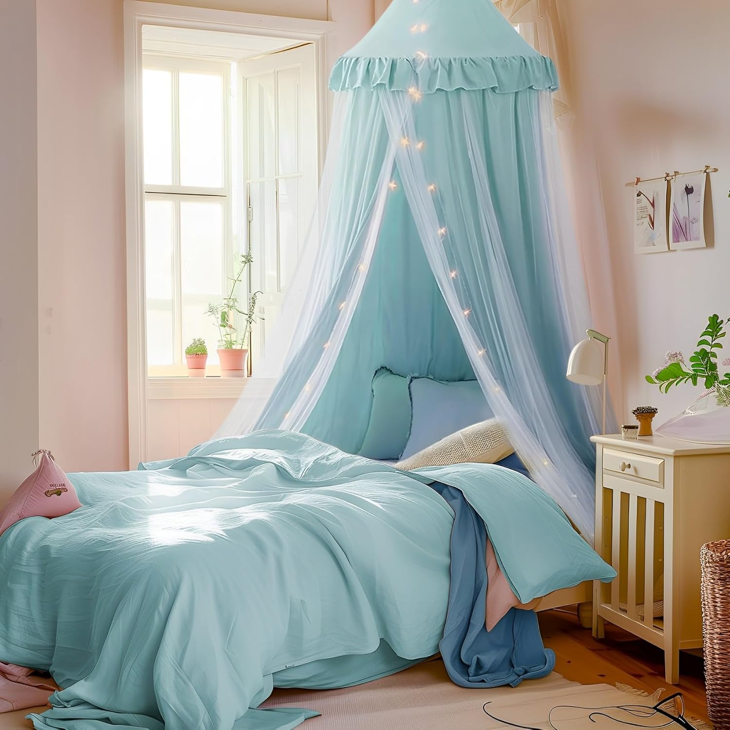 Large Bed Canopy with Star Lights, Double Layer Canopy for Bed, Princess Play Tent for Girls Room, Breathable Canopy Bed Curtain for Children Reading Nook, Machine Washable Canopy, 40''x106'', Pink