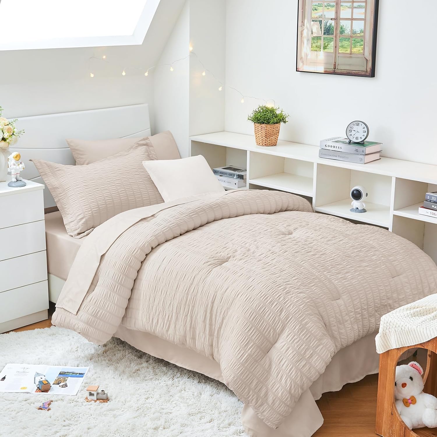 HYMOKEGE Queen Comforter Set Seersucker 7 Pieces, All Season Luxury Bed in a Bag for Bedroom, Bedding Set with Comforters, Sheets, Pillowcases & Shams, Dark Grey