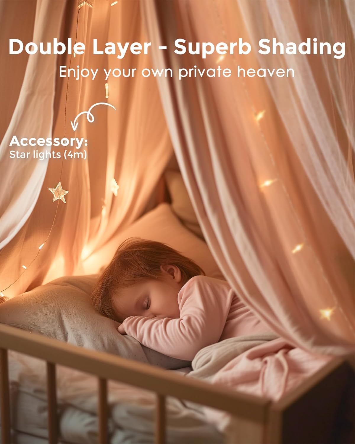 Large Bed Canopy with Star Lights, Double Layer Canopy for Bed, Princess Play Tent for Girls Room, Breathable Canopy Bed Curtain for Children Reading Nook, Machine Washable Canopy, 40''x106'', Pink