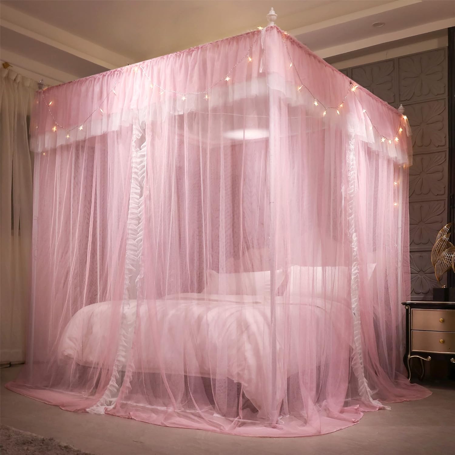 VETHIN 4 Corners Post Ruffle Princess Bed Canopy Curtain-Double Layer Cozy Drape Netting 4 Opening Mosquito Net for Girls Adults Bedroom Decoration (Pink/Whtie,64" W*82" L*82"*H/Queen)