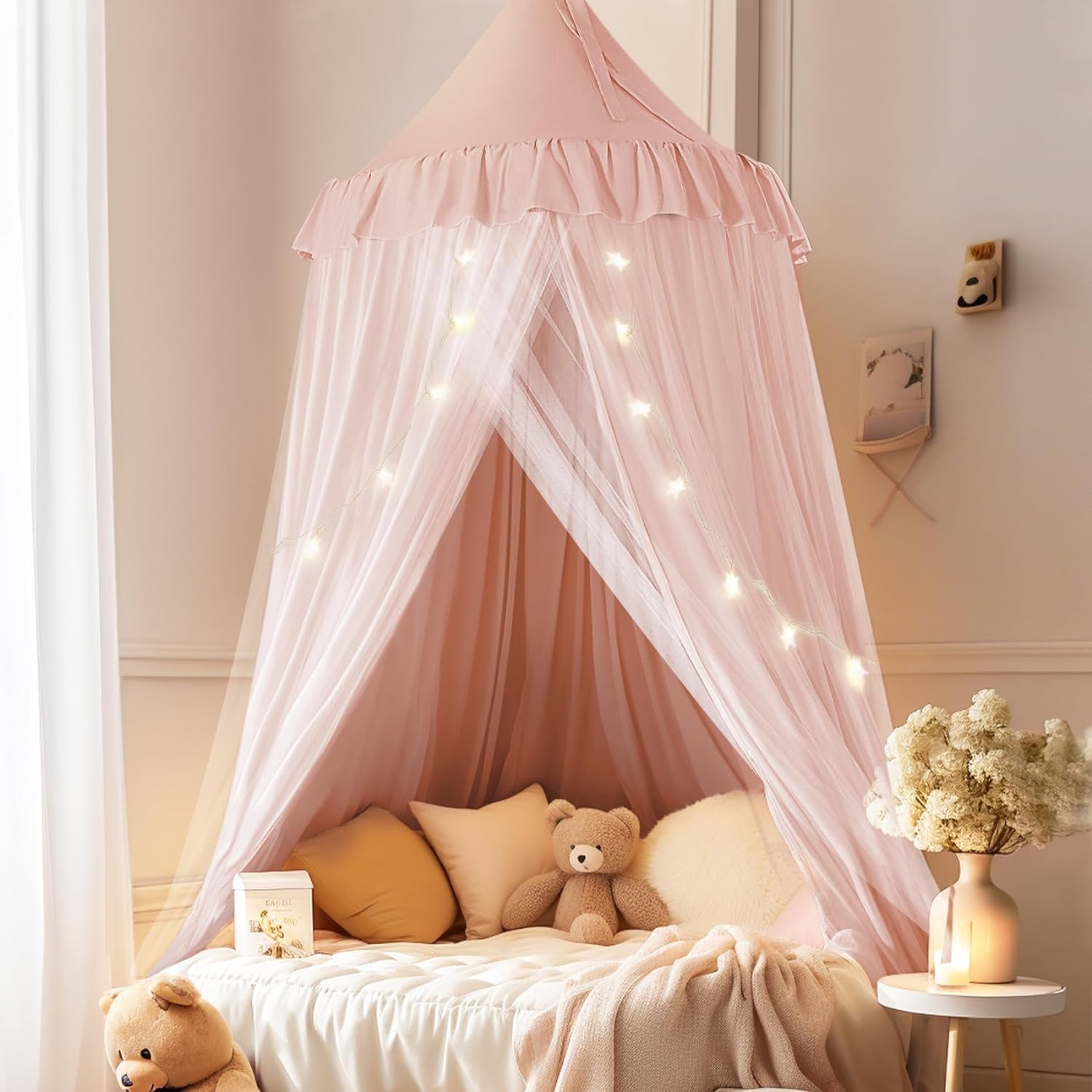 Large Bed Canopy with Star Lights, Double Layer Canopy for Bed, Princess Play Tent for Girls Room, Breathable Canopy Bed Curtain for Children Reading Nook, Machine Washable Canopy, 40''x106'', Pink