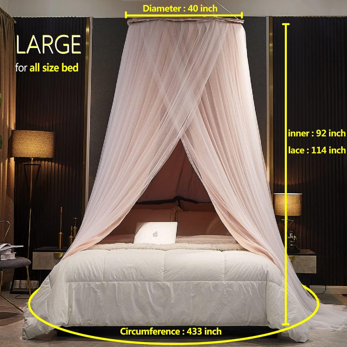 Kertnic Luxurious Bed Canopy for Girls & Adults - Double Layer Princess Canopy with Lace, Round Dome Mosquito Netting for Queen/King Bed Tent (Pink)