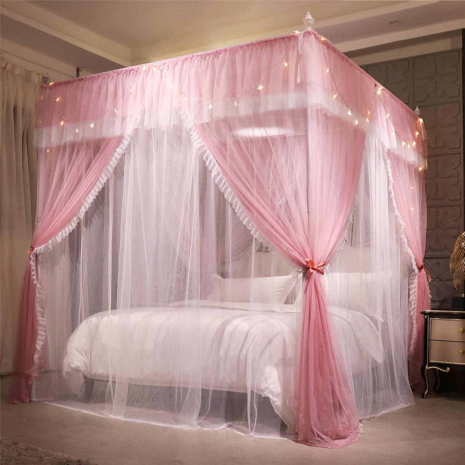 VETHIN 4 Corners Post Ruffle Princess Bed Canopy Curtain-Double Layer Cozy Drape Netting 4 Opening Mosquito Net for Girls Adults Bedroom Decoration (Pink/Whtie,64" W*82" L*82"*H/Queen)
