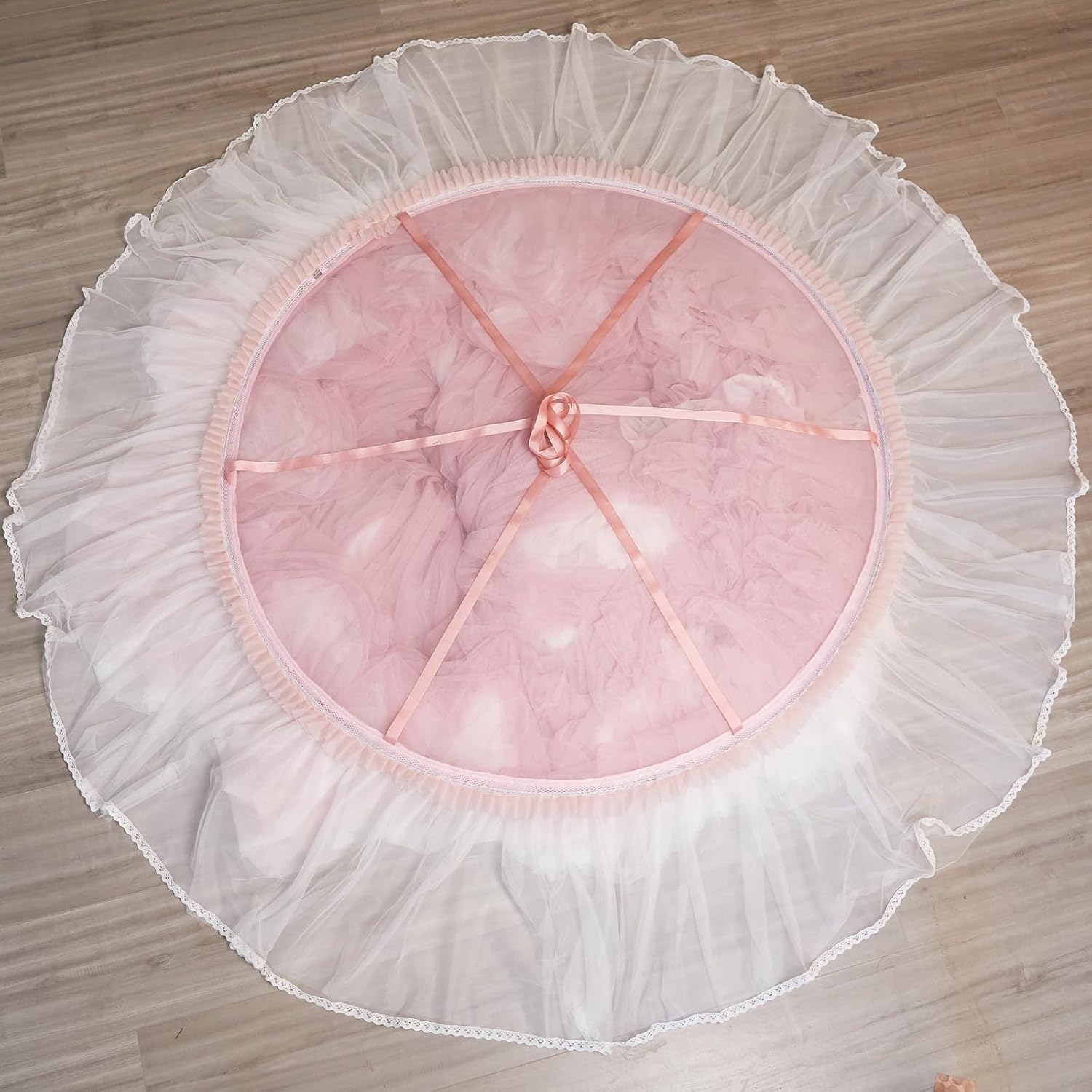 AIKASY Princess Bed Canopy for Girls & Adults, Elegant Double-Layer Bed Curtain, Children's Dream Round Lace Mosquito Net - Fits Twin, Full, Queen, and King Beds(Pink/White)