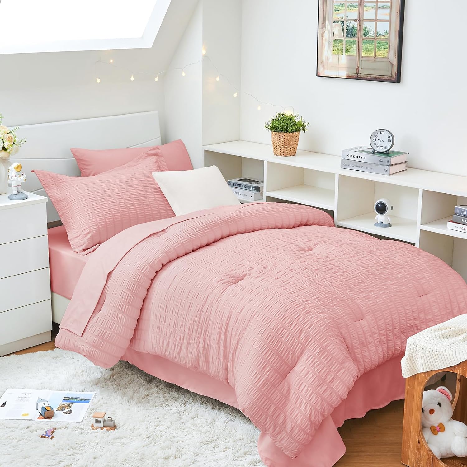 HYMOKEGE Queen Comforter Set Seersucker 7 Pieces, All Season Luxury Bed in a Bag for Bedroom, Bedding Set with Comforters, Sheets, Pillowcases & Shams, Dark Grey