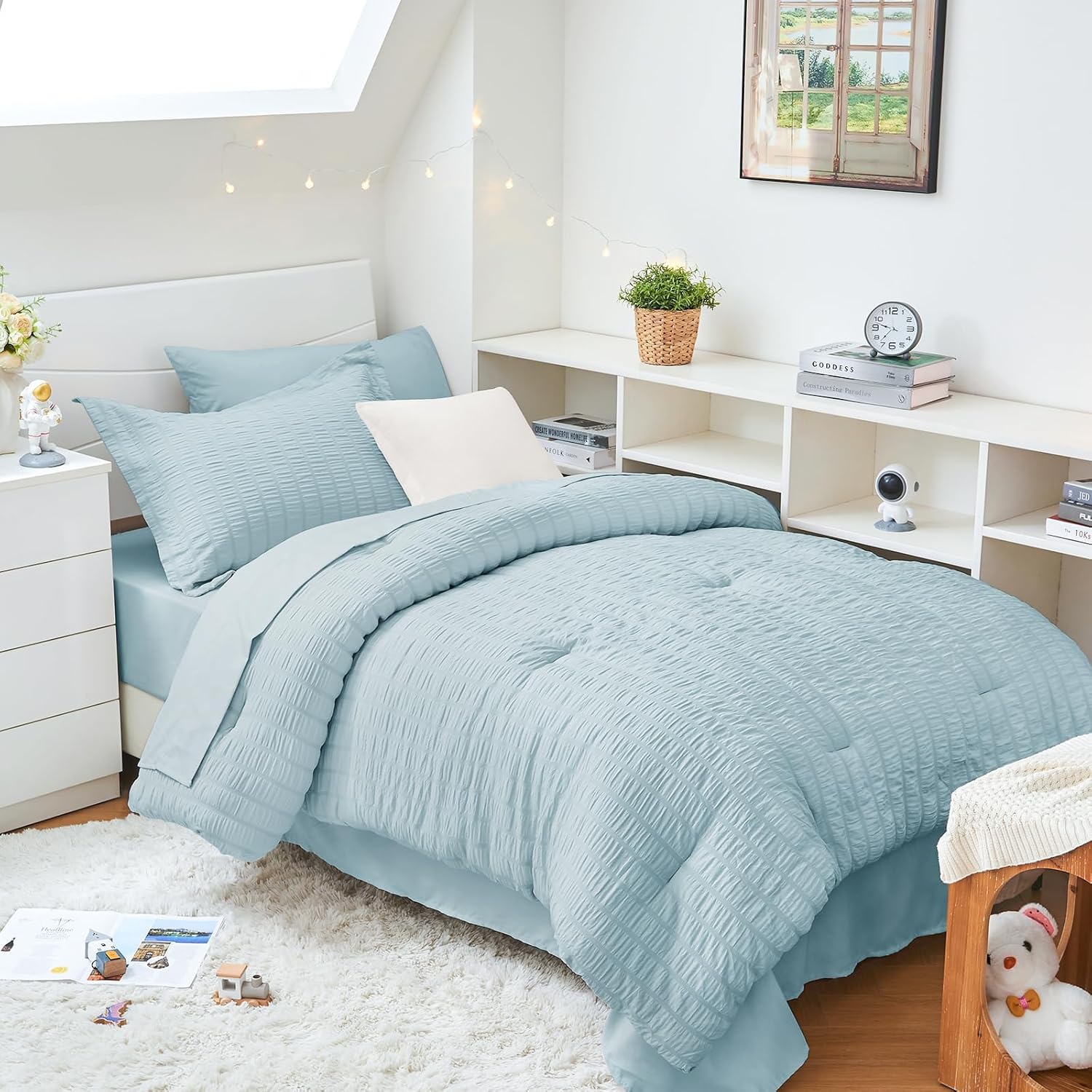 HYMOKEGE Queen Comforter Set Seersucker 7 Pieces, All Season Luxury Bed in a Bag for Bedroom, Bedding Set with Comforters, Sheets, Pillowcases & Shams, Dark Grey