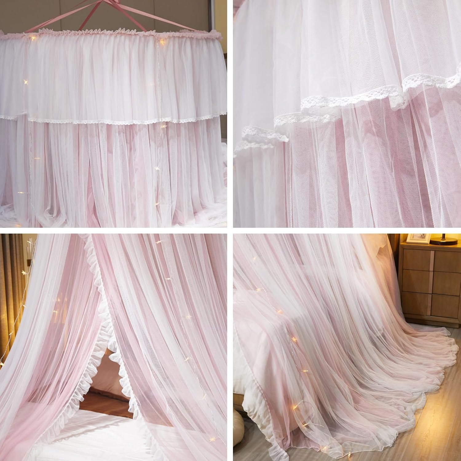 AIKASY Princess Bed Canopy for Girls & Adults, Elegant Double-Layer Bed Curtain, Children's Dream Round Lace Mosquito Net - Fits Twin, Full, Queen, and King Beds(Pink/White)