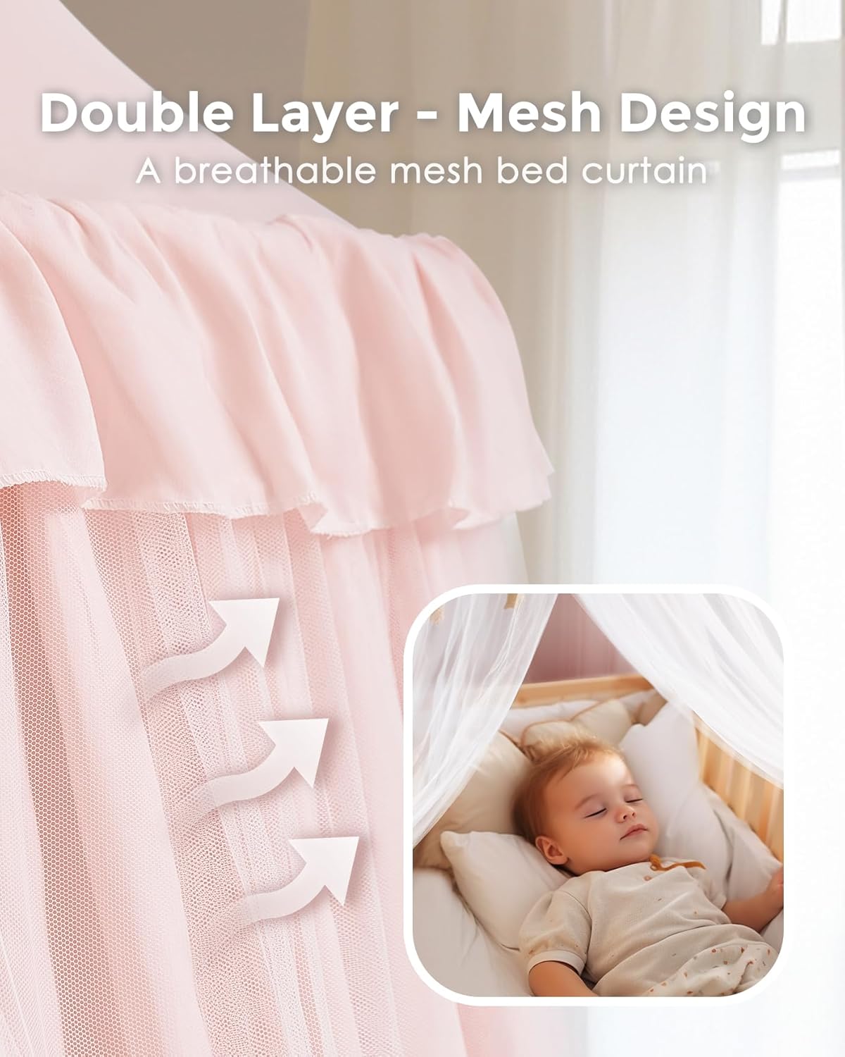 Large Bed Canopy with Star Lights, Double Layer Canopy for Bed, Princess Play Tent for Girls Room, Breathable Canopy Bed Curtain for Children Reading Nook, Machine Washable Canopy, 40''x106'', Pink