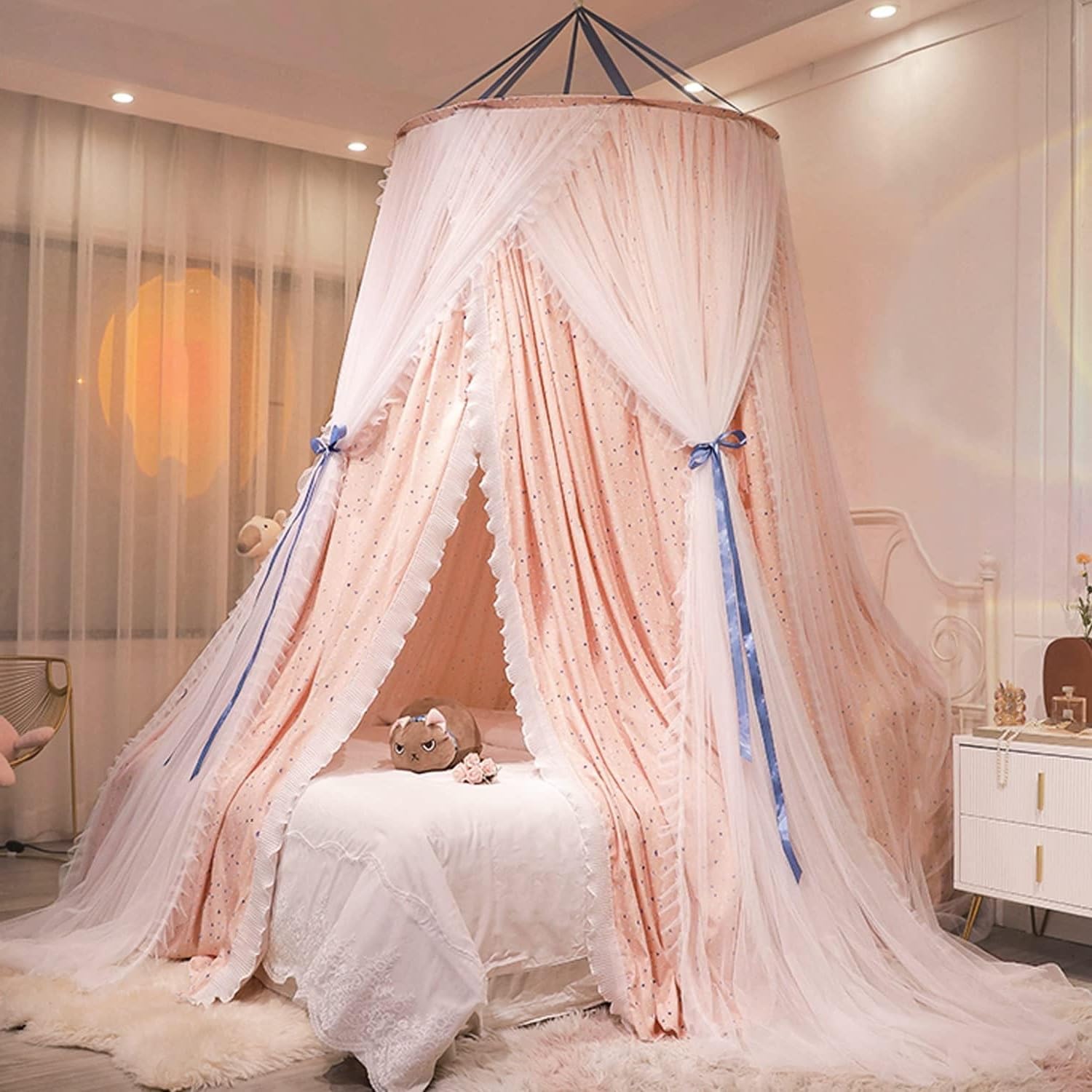 Kertnic Luxurious Bed Canopy for Girls & Adults - Double Layer Princess Canopy with Lace, Round Dome Mosquito Netting for Queen/King Bed Tent (Pink)
