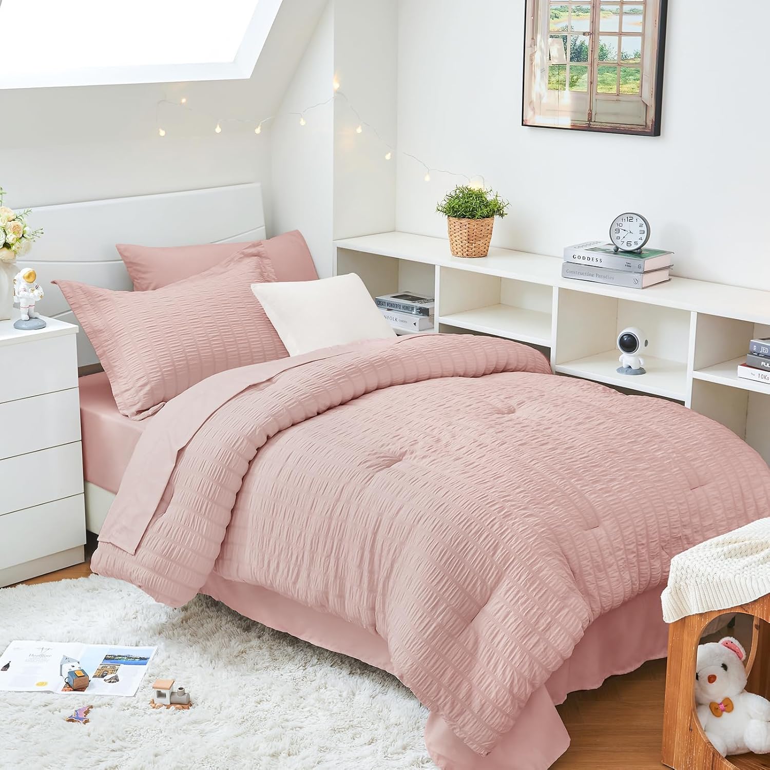 HYMOKEGE Queen Comforter Set Seersucker 7 Pieces, All Season Luxury Bed in a Bag for Bedroom, Bedding Set with Comforters, Sheets, Pillowcases & Shams, Dark Grey