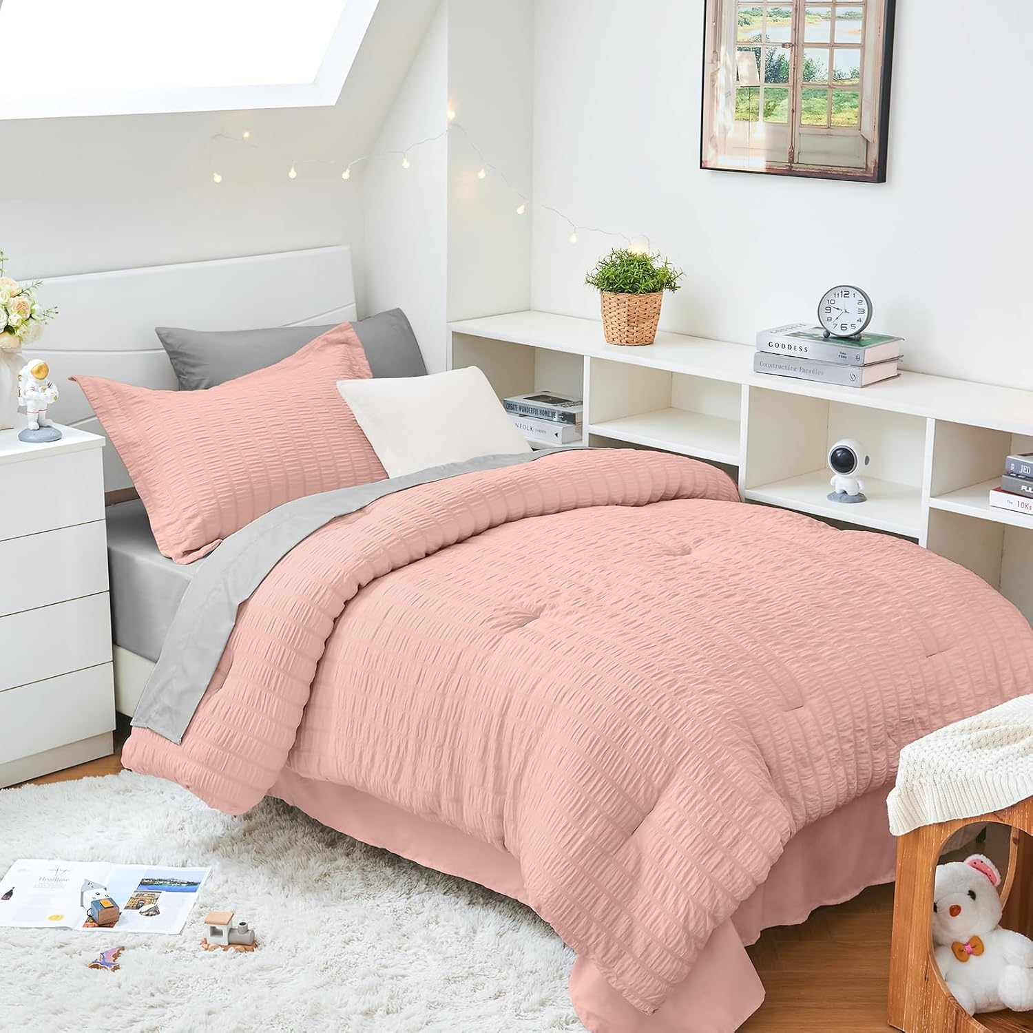 HYMOKEGE Queen Comforter Set Seersucker 7 Pieces, All Season Luxury Bed in a Bag for Bedroom, Bedding Set with Comforters, Sheets, Pillowcases & Shams, Dark Grey