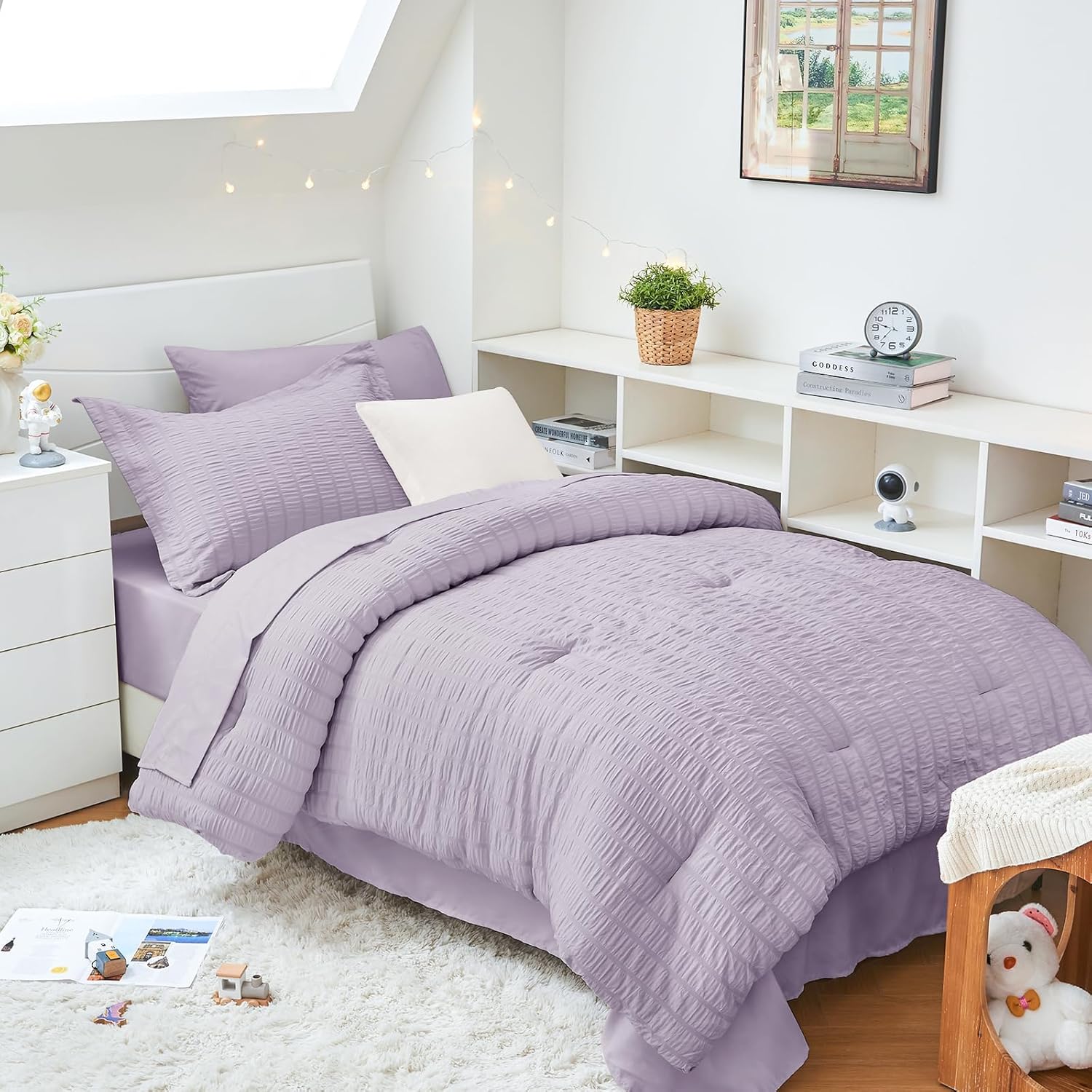 HYMOKEGE Queen Comforter Set Seersucker 7 Pieces, All Season Luxury Bed in a Bag for Bedroom, Bedding Set with Comforters, Sheets, Pillowcases & Shams, Dark Grey