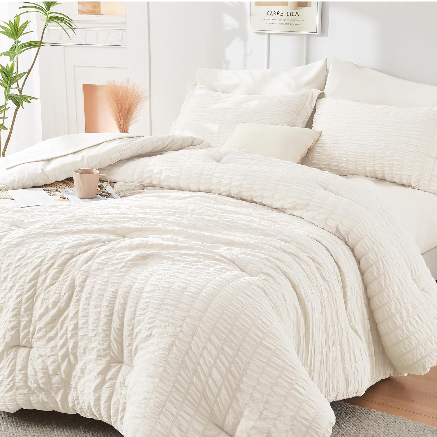 HYMOKEGE Queen Comforter Set Seersucker 7 Pieces, All Season Luxury Bed in a Bag for Bedroom, Bedding Set with Comforters, Sheets, Pillowcases & Shams, Dark Grey