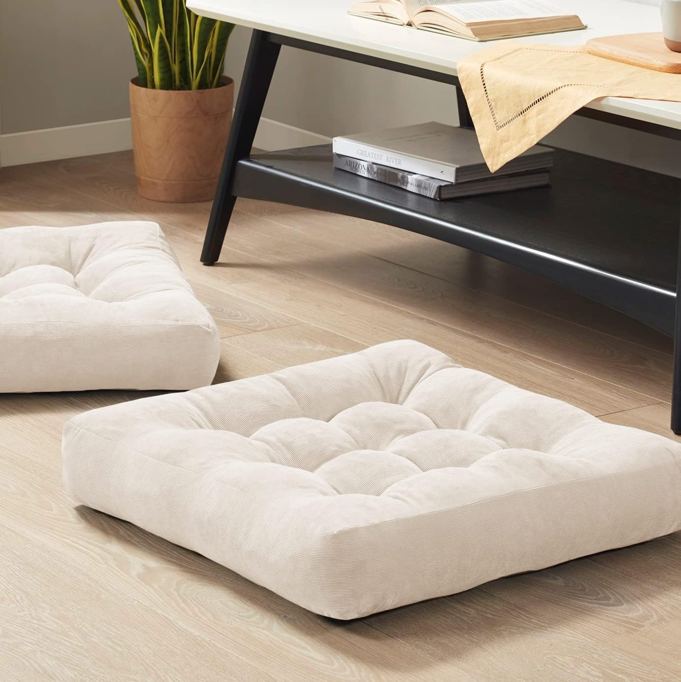 Meditation Floor Pillow Set of 2, Round Large Pillows Seating for Adults, Tufted Corduroy Cushion for Living Room Tatami, Beige 22 Inch