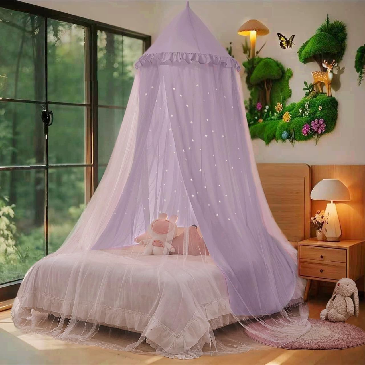 Eimilaly Princess Bed Canopy for Girls, Double Layer Canopy with Cutout Stars, Breathable Dream Canopy & Washable Pink Fabric, Fits Twin/Full Bed - Fairy Bed Tent for Kids Room Decor, Pink