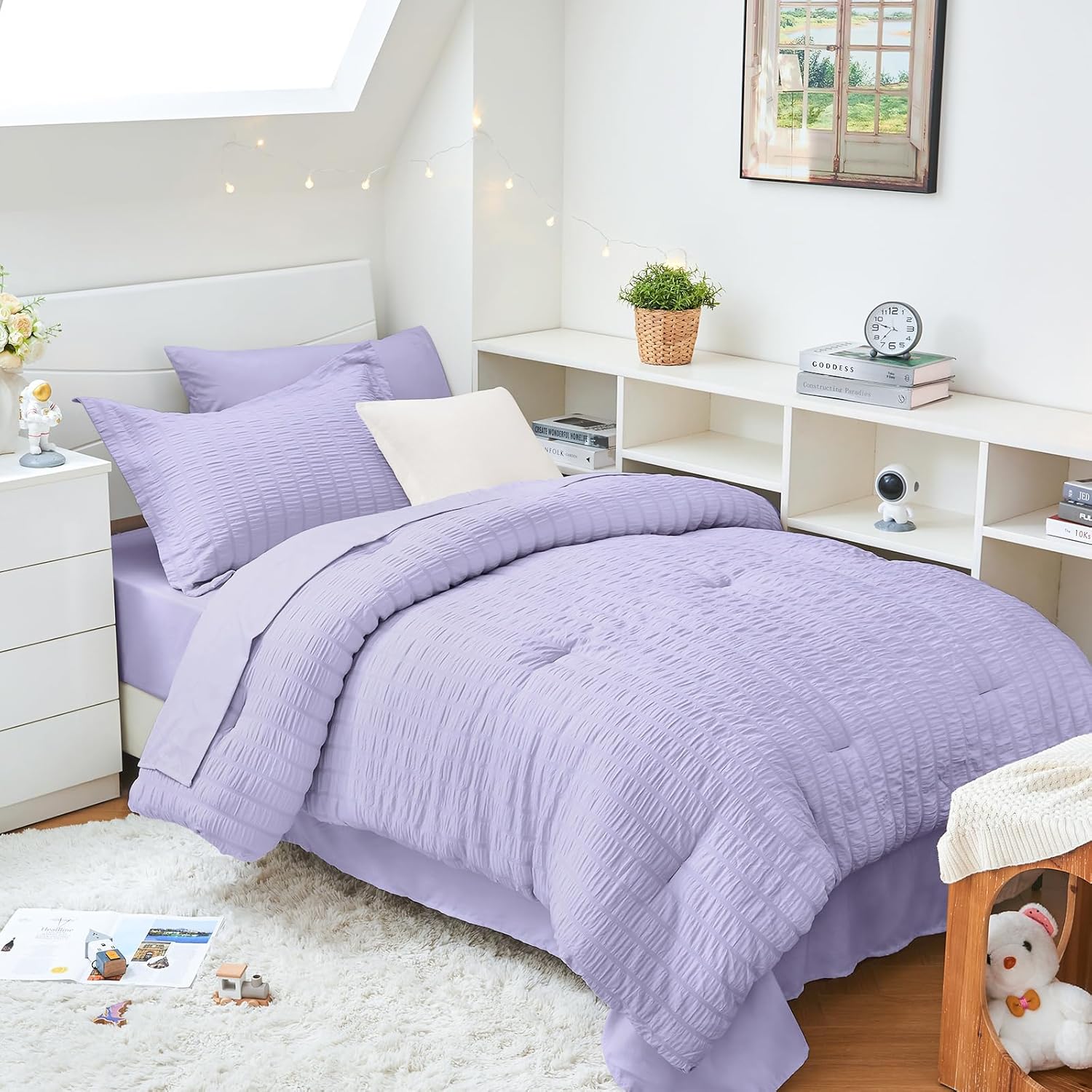 HYMOKEGE Queen Comforter Set Seersucker 7 Pieces, All Season Luxury Bed in a Bag for Bedroom, Bedding Set with Comforters, Sheets, Pillowcases & Shams, Dark Grey