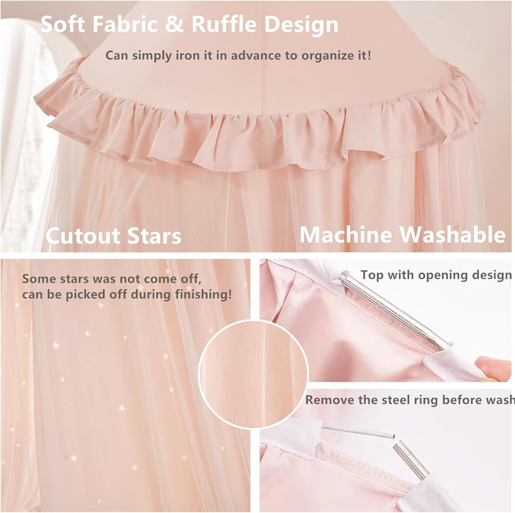 Eimilaly Princess Bed Canopy for Girls, Double Layer Canopy with Cutout Stars, Breathable Dream Canopy & Washable Pink Fabric, Fits Twin/Full Bed - Fairy Bed Tent for Kids Room Decor, Pink