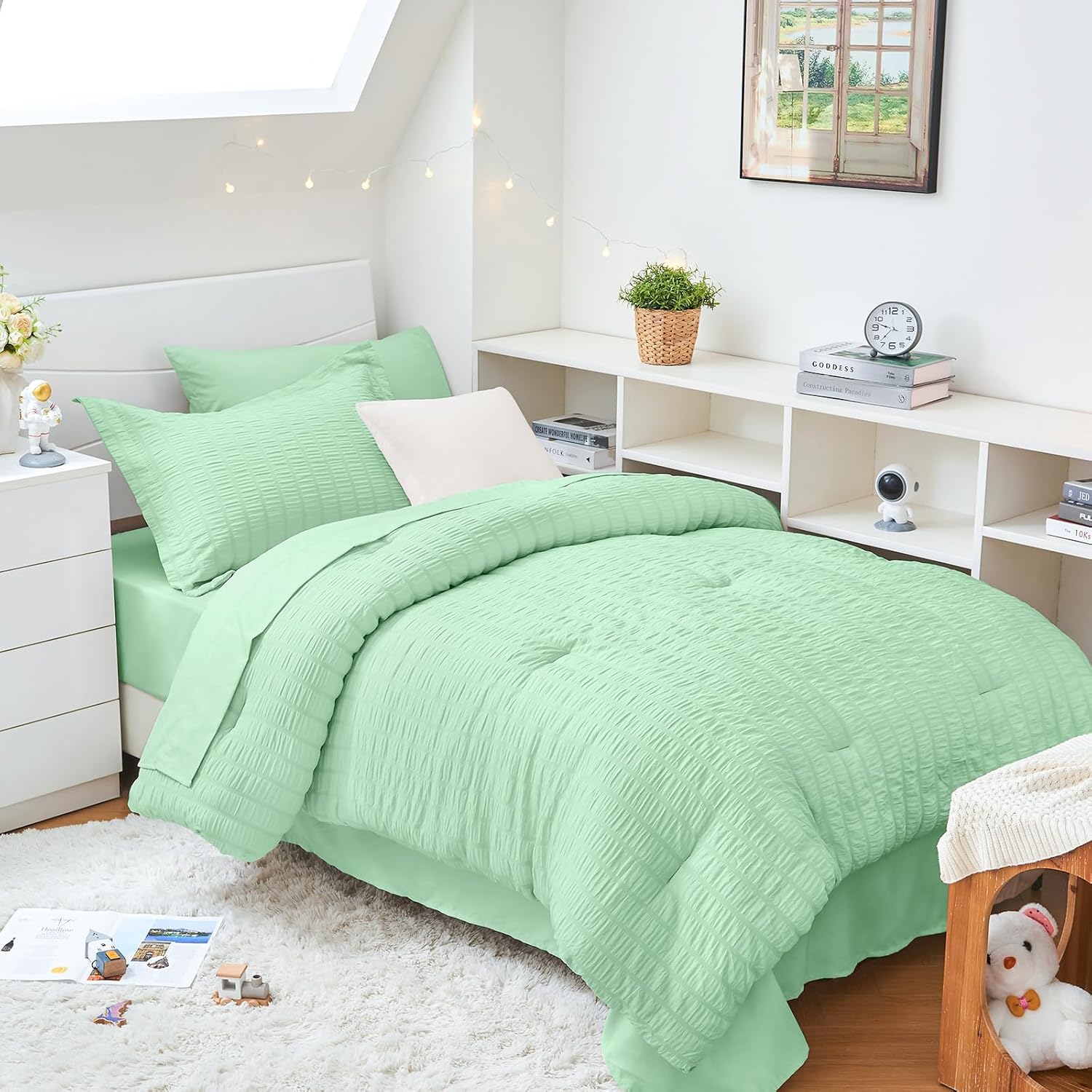 HYMOKEGE Queen Comforter Set Seersucker 7 Pieces, All Season Luxury Bed in a Bag for Bedroom, Bedding Set with Comforters, Sheets, Pillowcases & Shams, Dark Grey