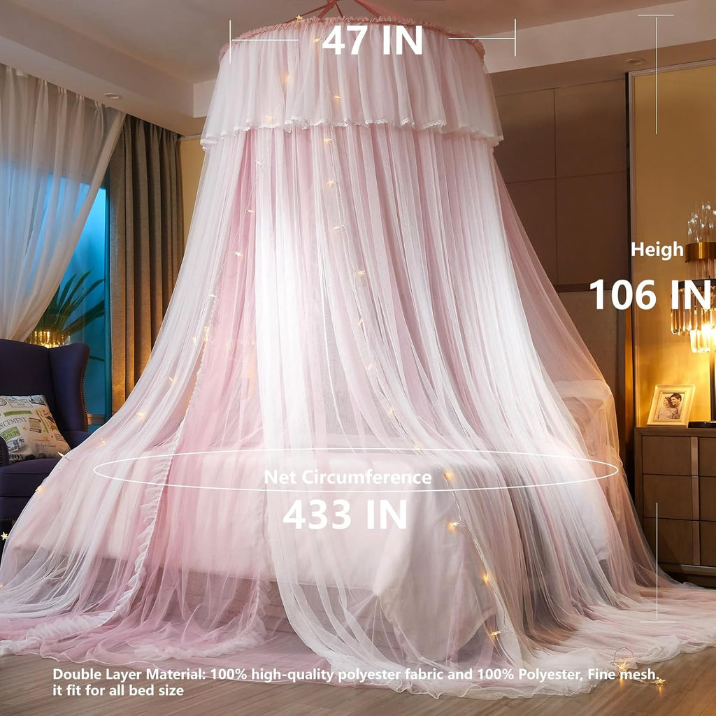 AIKASY Princess Bed Canopy for Girls & Adults, Elegant Double-Layer Bed Curtain, Children's Dream Round Lace Mosquito Net - Fits Twin, Full, Queen, and King Beds(Pink/White)