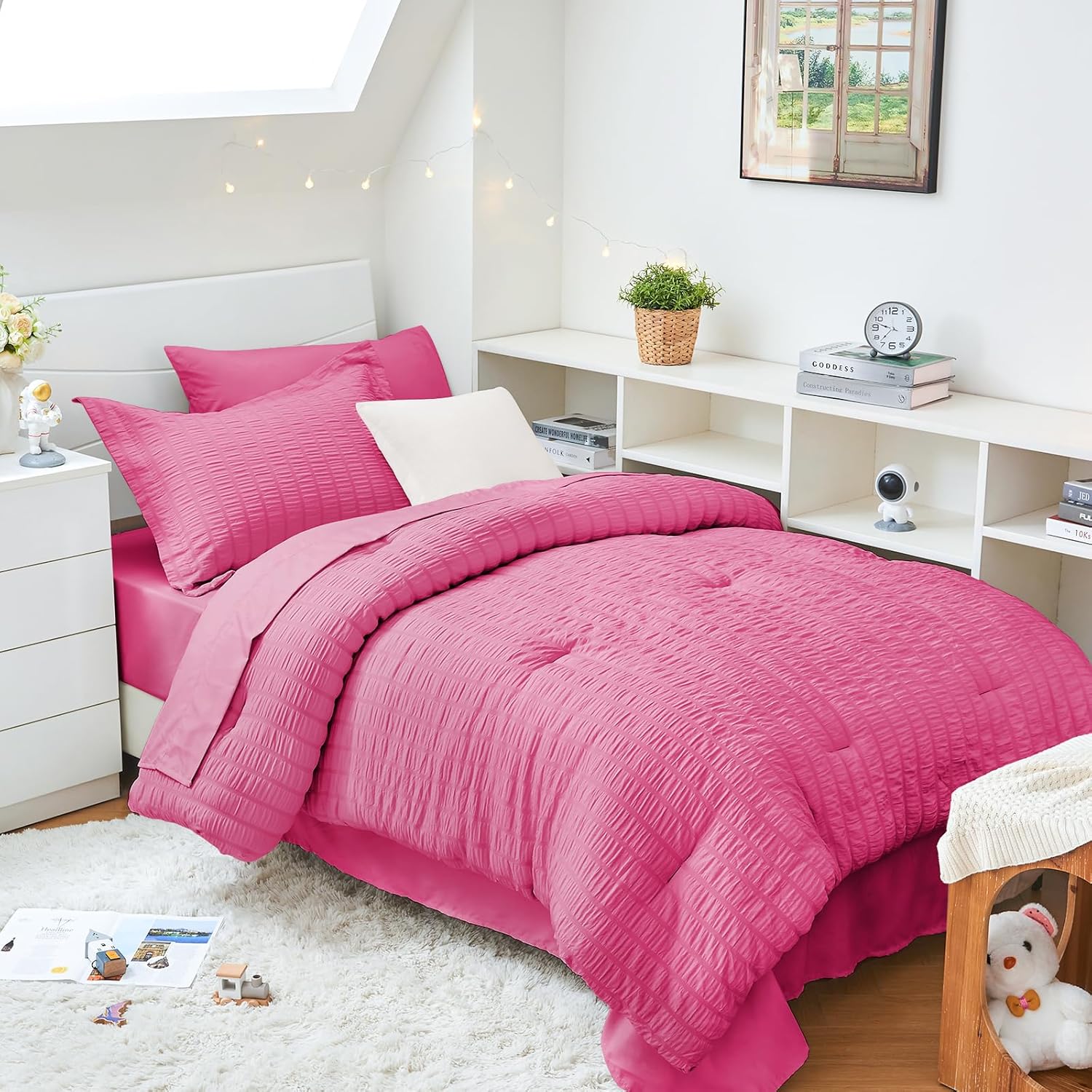 HYMOKEGE Queen Comforter Set Seersucker 7 Pieces, All Season Luxury Bed in a Bag for Bedroom, Bedding Set with Comforters, Sheets, Pillowcases & Shams, Dark Grey