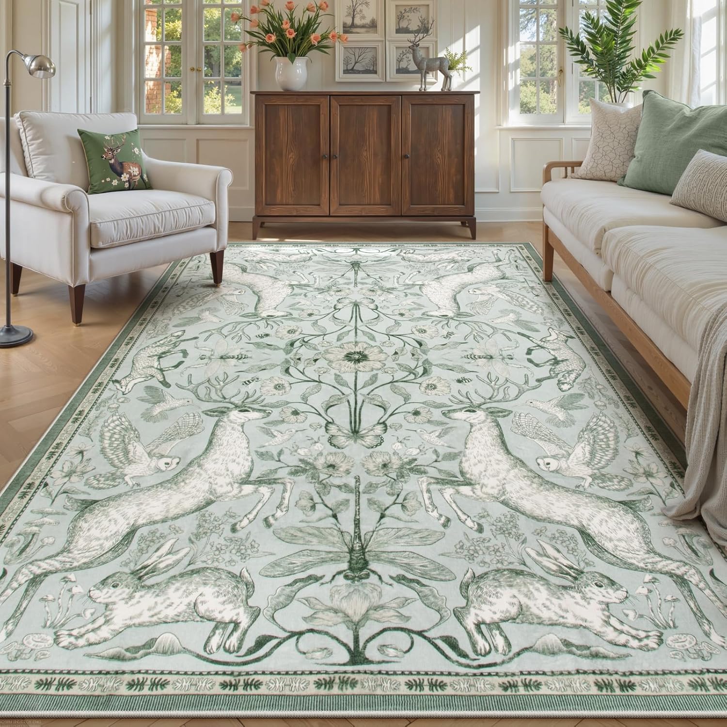 Lahome Boho Animal Washable Rugs for Living Room 8x10, Green Soft Rugs for Bedroom, Botanical Large Boho Non Slip Dining Room Carpet for Under Table Office Kids Playroom (8x10ft,Green)