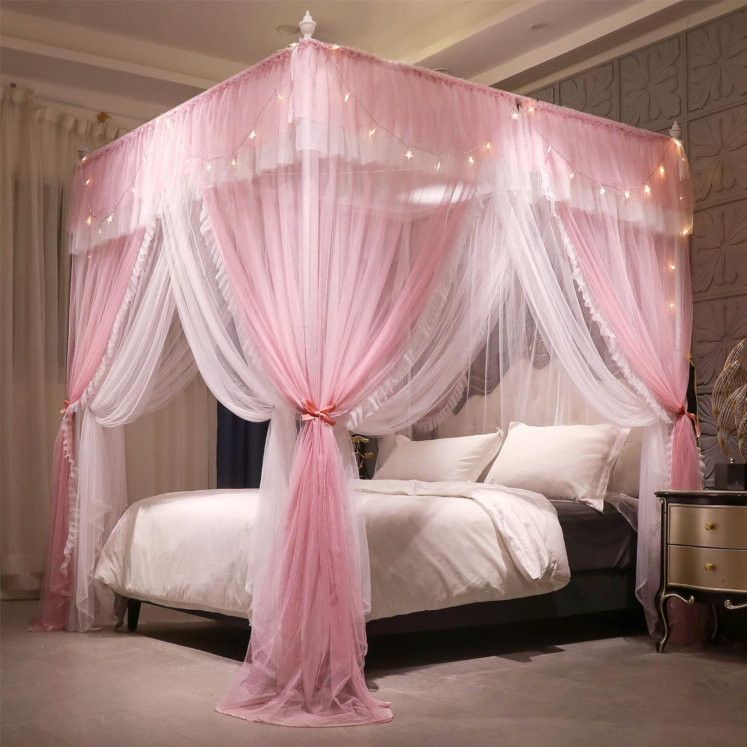 VETHIN 4 Corners Post Ruffle Princess Bed Canopy Curtain-Double Layer Cozy Drape Netting 4 Opening Mosquito Net for Girls Adults Bedroom Decoration (Pink/Whtie,64" W*82" L*82"*H/Queen)