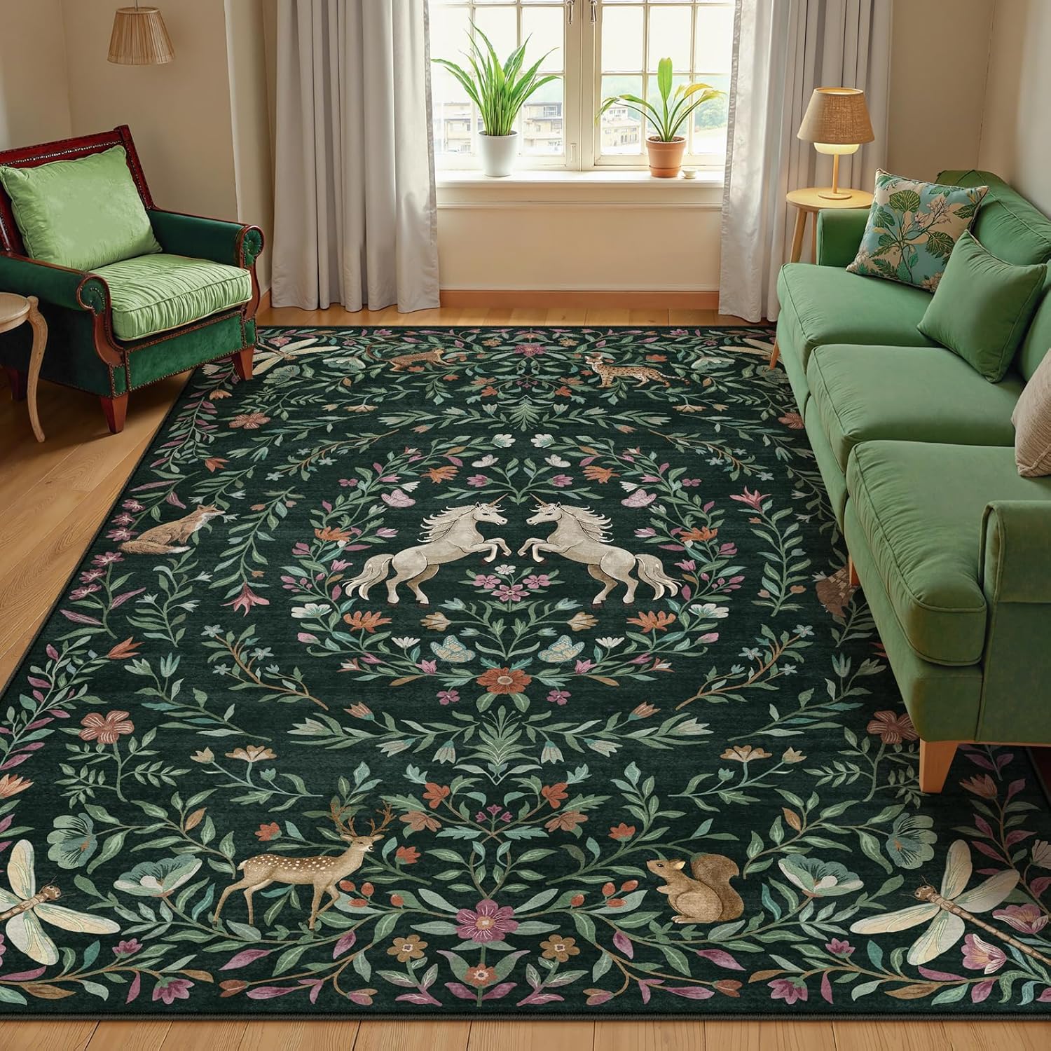 Machine Washable 5x7 Area Rugs for Living Room, Non Slip Soft Low Pile Unicorn Floral Farmhouse Moroccan Vintage Animal Playroom Girls Rugs for Bedroom, Carpet Rugs for Nurseries(Forest Green5'x7')