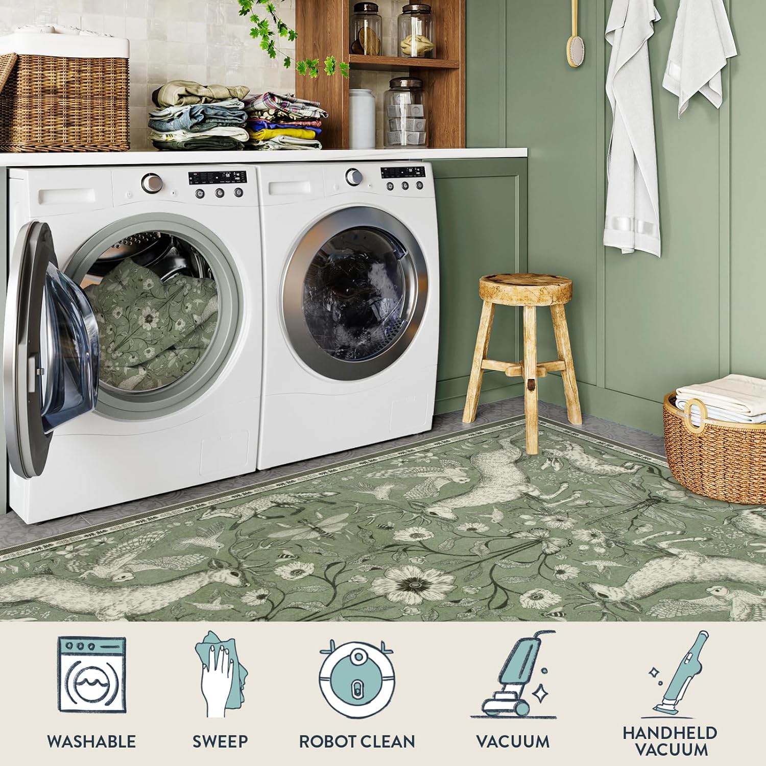 Lahome Boho Animal Washable Rugs for Living Room 8x10, Green Soft Rugs for Bedroom, Botanical Large Boho Non Slip Dining Room Carpet for Under Table Office Kids Playroom (8x10ft,Green)