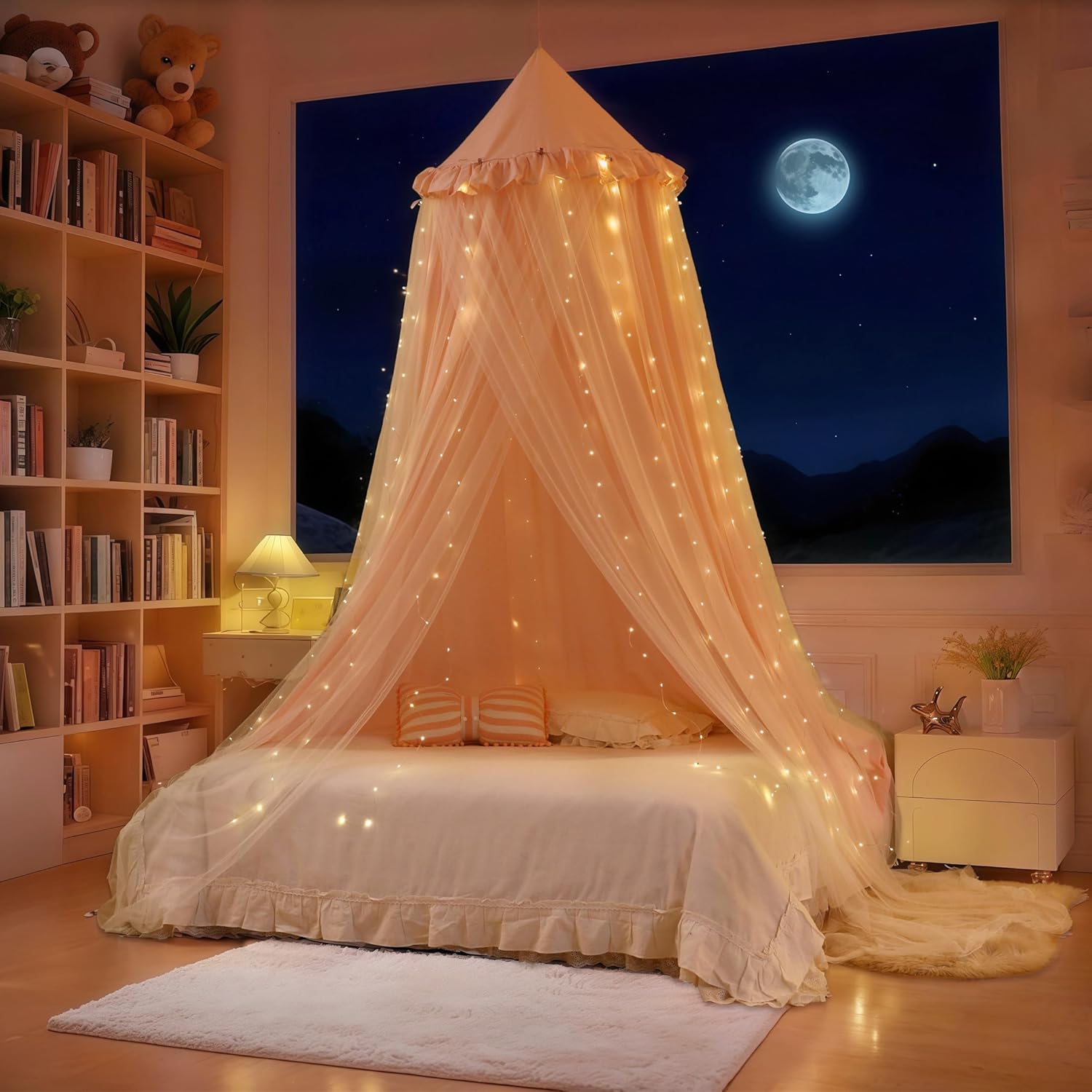 Eimilaly Princess Bed Canopy for Girls, Double Layer Canopy with Cutout Stars, Breathable Dream Canopy & Washable Pink Fabric, Fits Twin/Full Bed - Fairy Bed Tent for Kids Room Decor, Pink