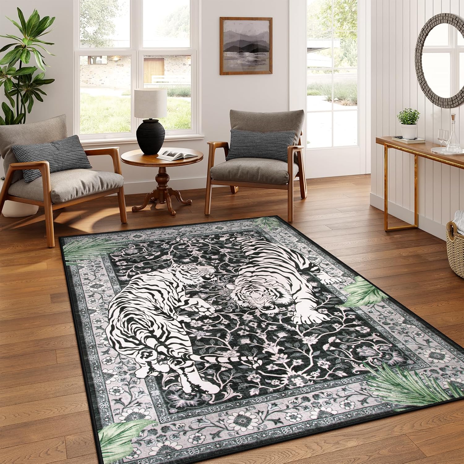 Moynesa Tiger 5x7 Area Rugs, Boho Washable Rugs for Living Room, Vintage Soft Dining Room Rug, Non Slip Ultra Thin Stain Resistant Large Floor Carpet for Office Bedroom, Camel