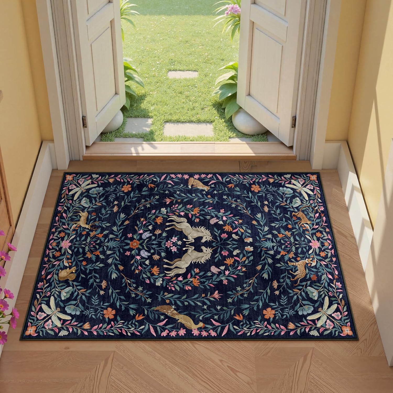 Machine Washable 5x7 Area Rugs for Living Room, Non Slip Soft Low Pile Unicorn Floral Farmhouse Moroccan Vintage Animal Playroom Girls Rugs for Bedroom, Carpet Rugs for Nurseries(Forest Green5'x7')