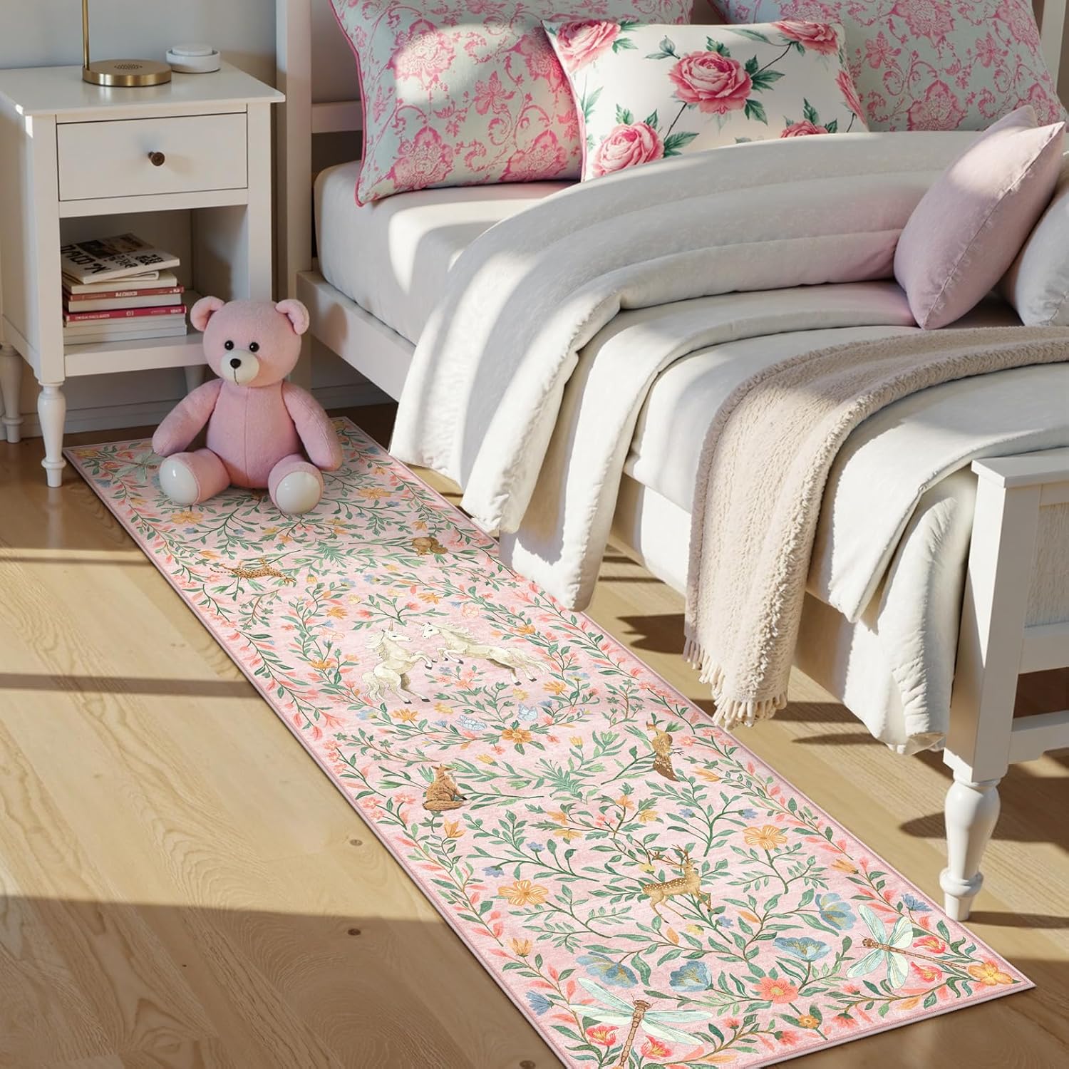 Machine Washable 5x7 Area Rugs for Living Room, Non Slip Soft Low Pile Unicorn Floral Farmhouse Moroccan Vintage Animal Playroom Girls Rugs for Bedroom, Carpet Rugs for Nurseries(Forest Green5'x7')