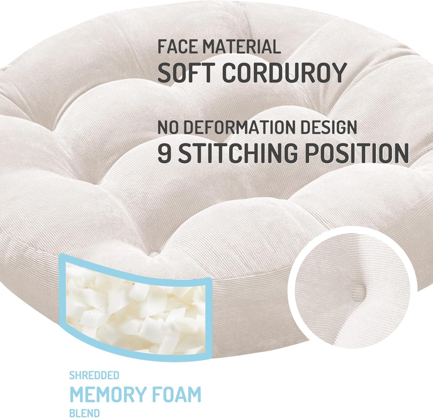 Meditation Floor Pillow Set of 2, Round Large Pillows Seating for Adults, Tufted Corduroy Cushion for Living Room Tatami, Beige 22 Inch