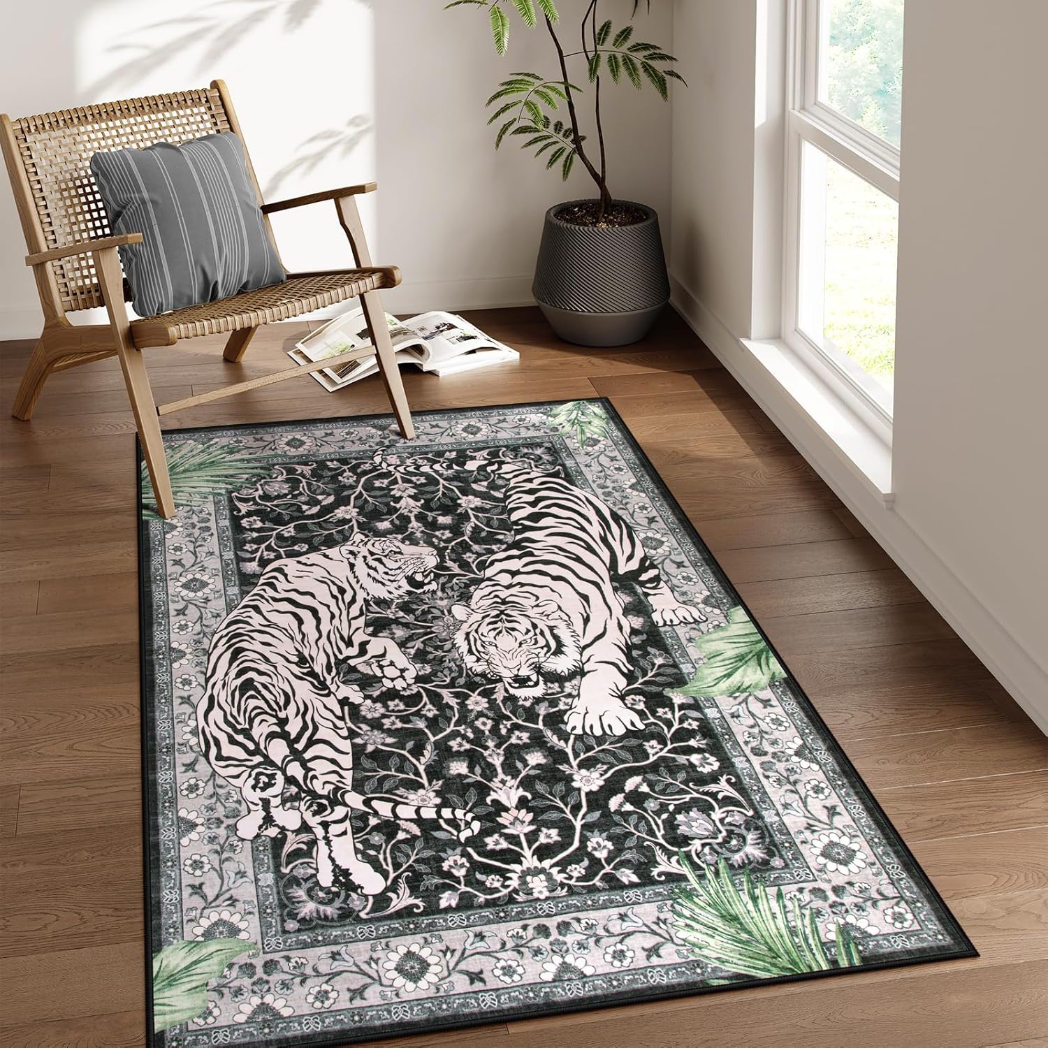 Moynesa Tiger 5x7 Area Rugs, Boho Washable Rugs for Living Room, Vintage Soft Dining Room Rug, Non Slip Ultra Thin Stain Resistant Large Floor Carpet for Office Bedroom, Camel