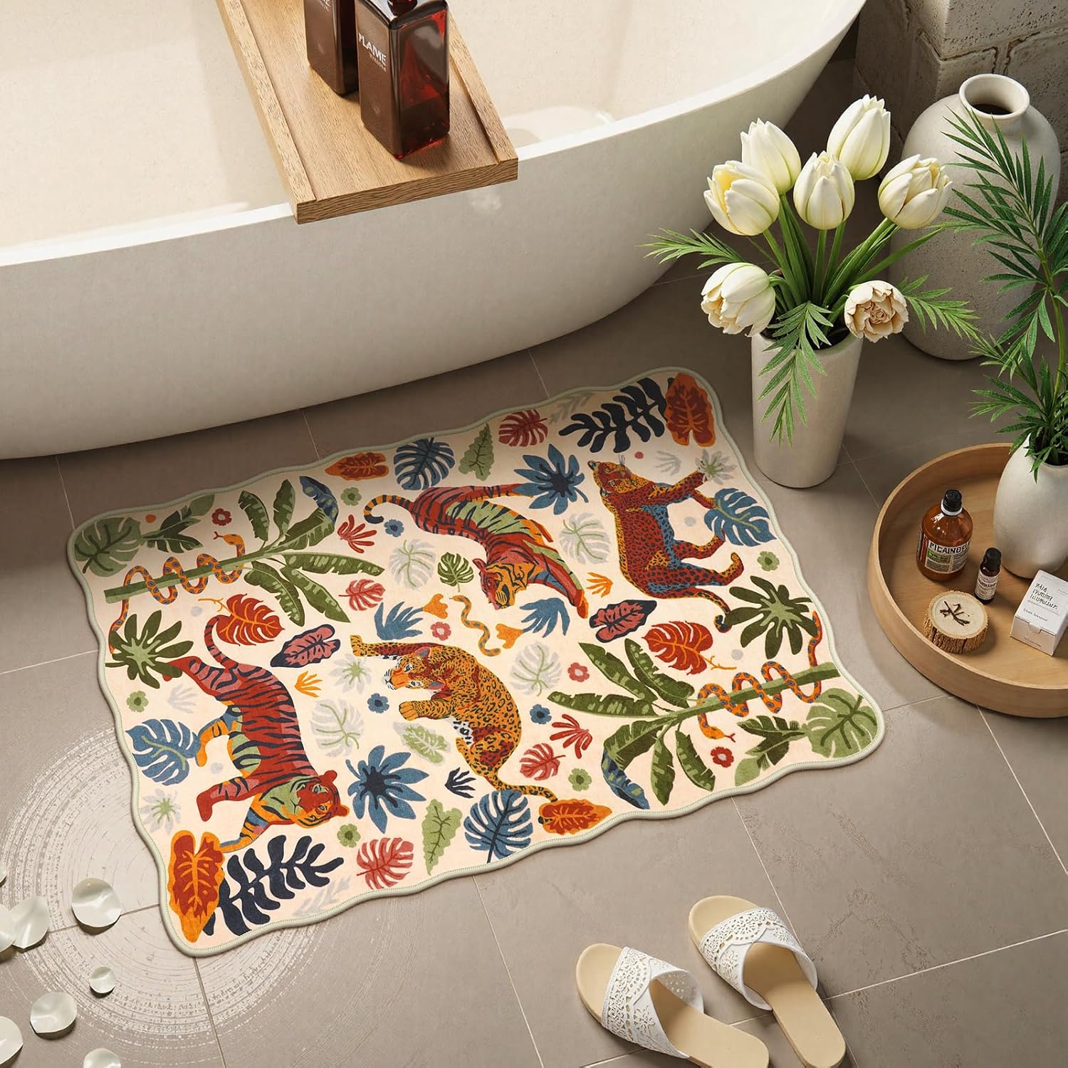 LEEVAN 5x7 Animal Area Rugs Washable Green Tiger Living Room Rugs Non Slip Scalloped Tiger Bedroom Rug Low Pile Leopard Nursery Floor Carpet Jungle Leaf Print Kids Rug