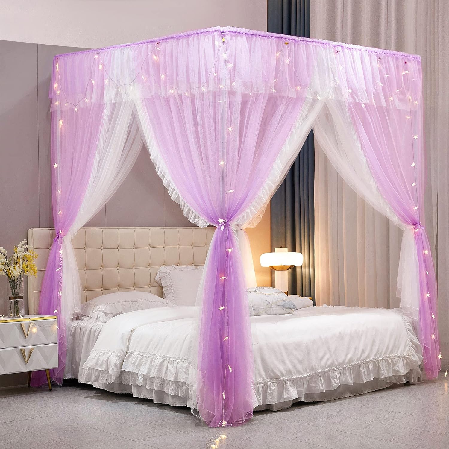 VETHIN 4 Corners Post Ruffle Princess Bed Canopy Curtain-Double Layer Cozy Drape Netting 4 Opening Mosquito Net for Girls Adults Bedroom Decoration (Pink/Whtie,64" W*82" L*82"*H/Queen)