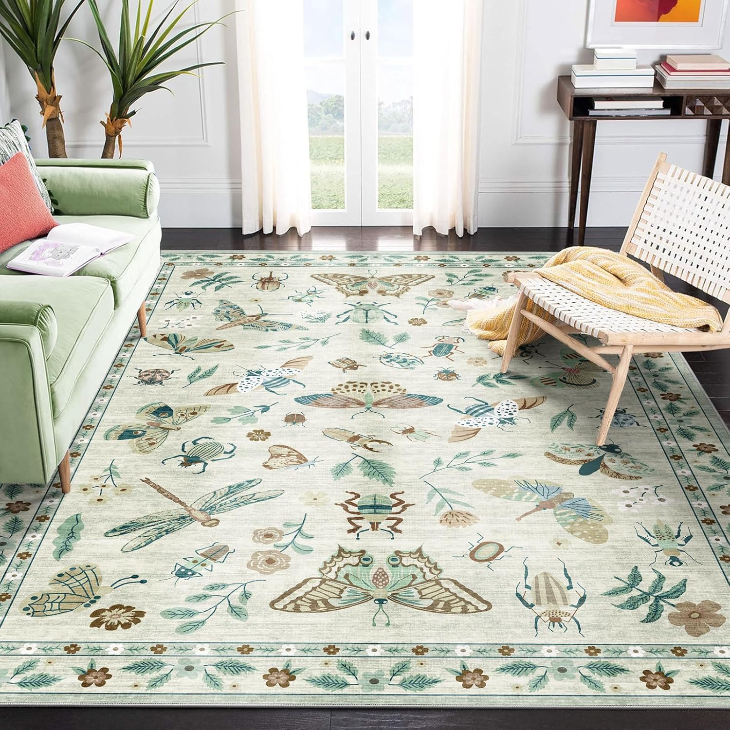 Floral 5x8 Living Room Area Rug - Sage Green Soft Washable Boho Rugs for Bedroom Aesthetic Stain Resistant Carpet Non Slip Modern Insect Print Rugs for Living Room Dining Room Kids Room Office