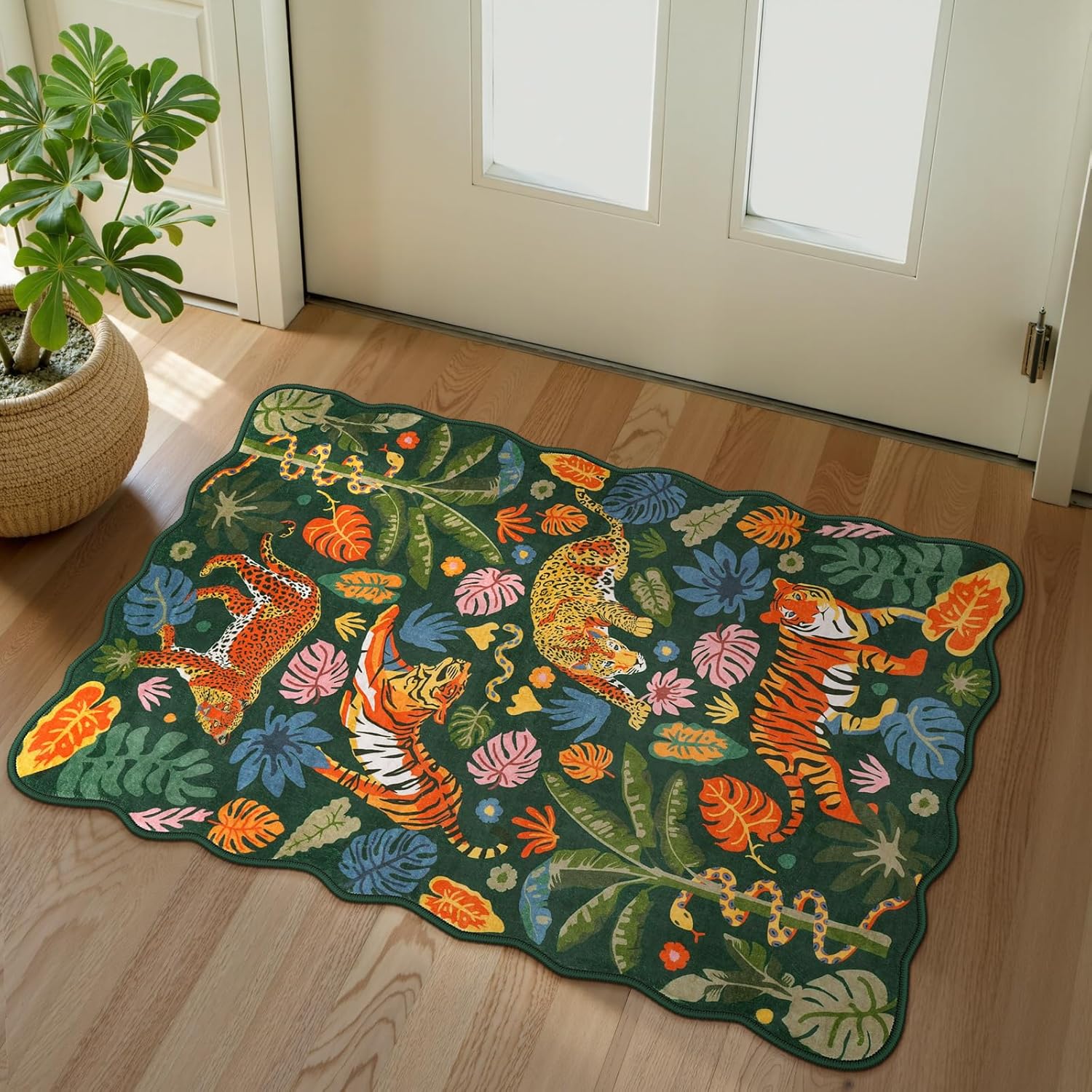 LEEVAN 5x7 Animal Area Rugs Washable Green Tiger Living Room Rugs Non Slip Scalloped Tiger Bedroom Rug Low Pile Leopard Nursery Floor Carpet Jungle Leaf Print Kids Rug
