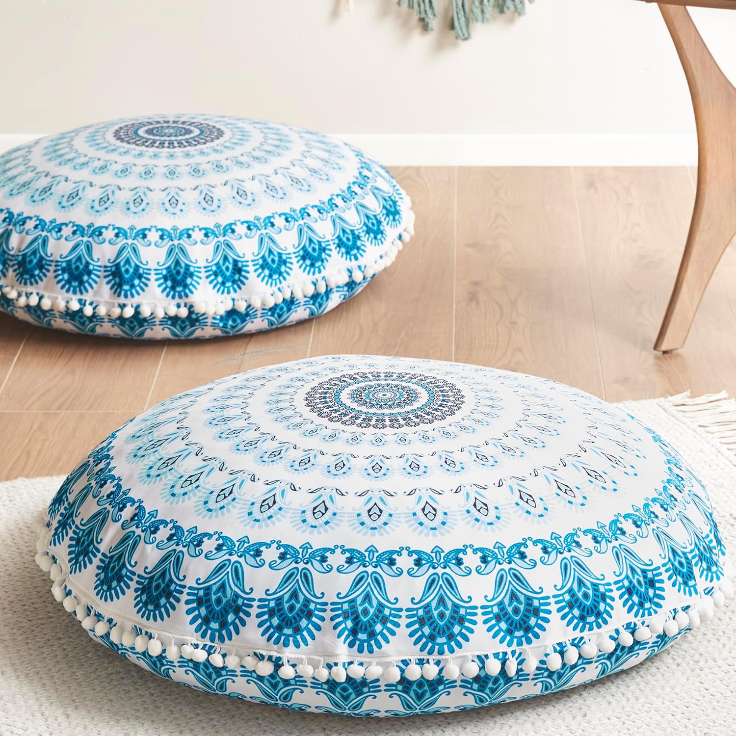 Codi Meditation Floor Pillow Set of 2, Round Large Pillows Seating for Adults, Bohemian Mandala Circle Cushion for Outdoor Fireplace Yoga Living Room, 32 Inch, Memory Foam Added, Navy